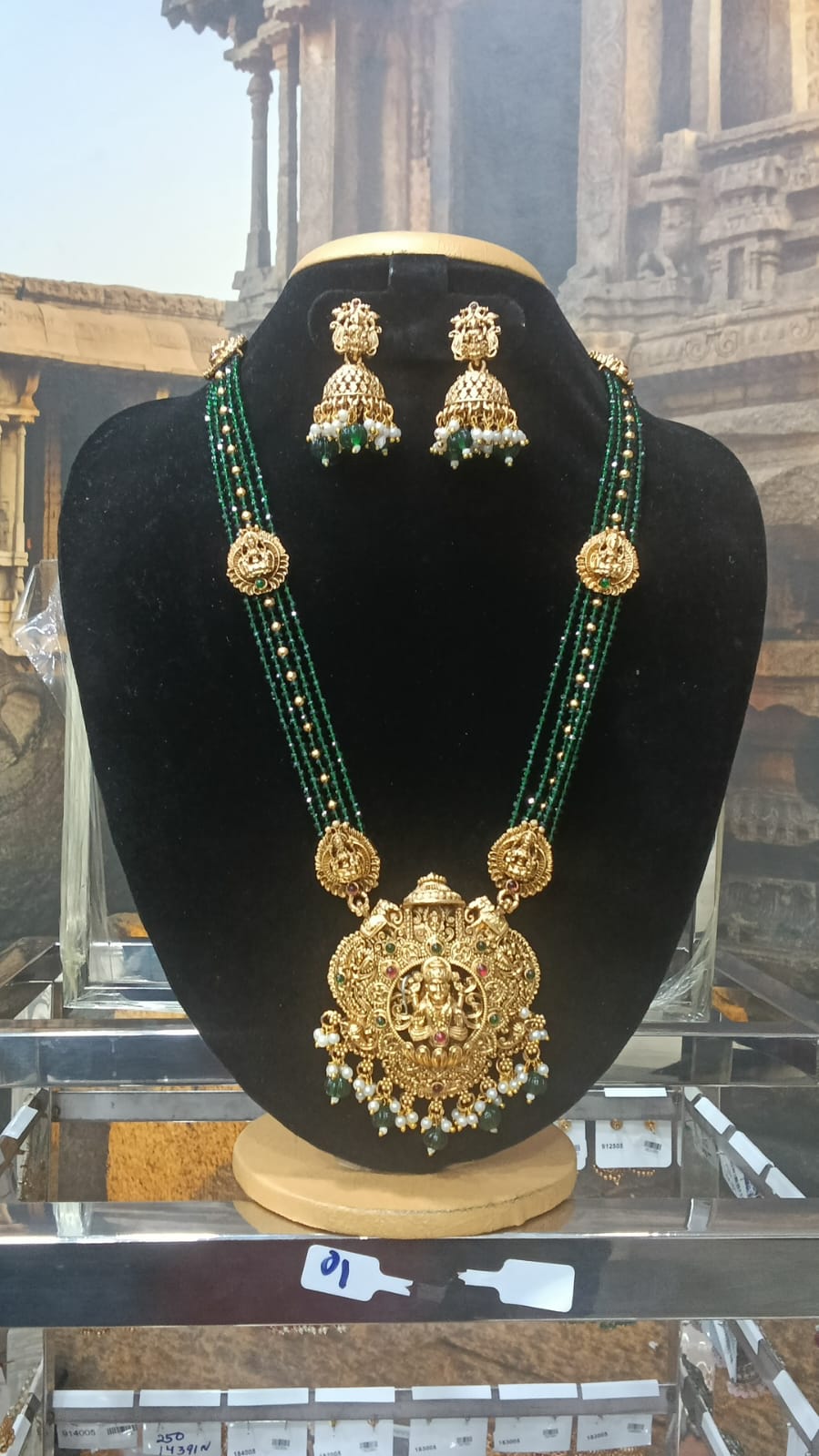 Gold Plated premium Necklace Set with green crystal Maala