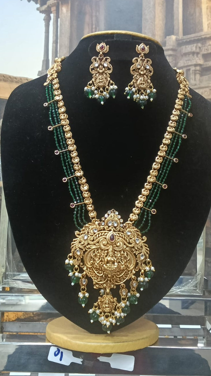 Gold Plated premium Necklace Set with green crystal Maala