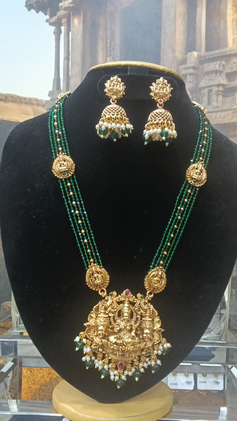 Gold Plated premium Necklace Set with green crystal Maala