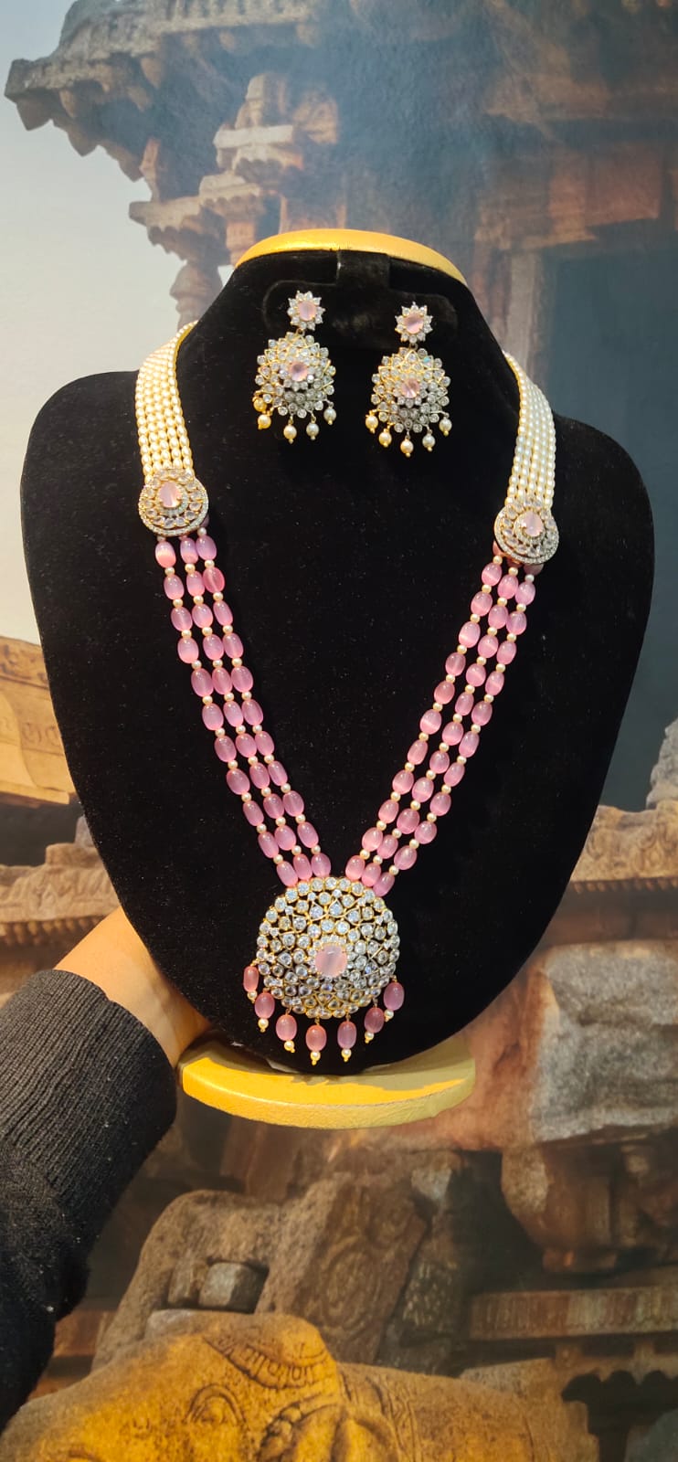 Premium Parampara 5 Line Real Pink Crystals with pearls Necklace Set with Mopu