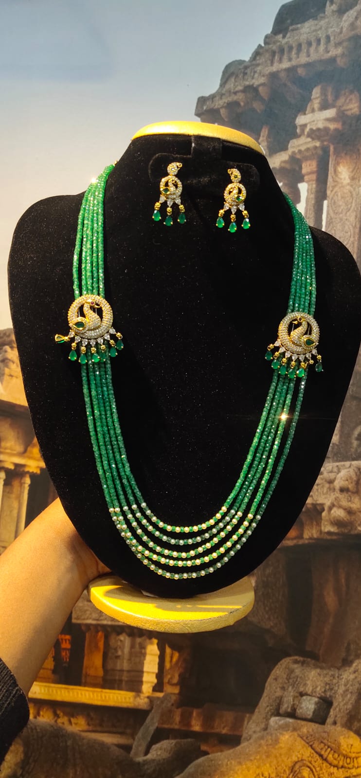 Premium Parampara 4 Line Real Mint Green glass Crystals with pearls and CZ Mopu Necklace Set