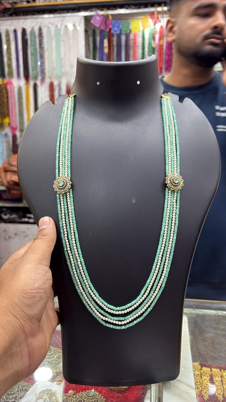 Torquoise glassReal crystals with swaroski Pearls Layed haram with Brooch