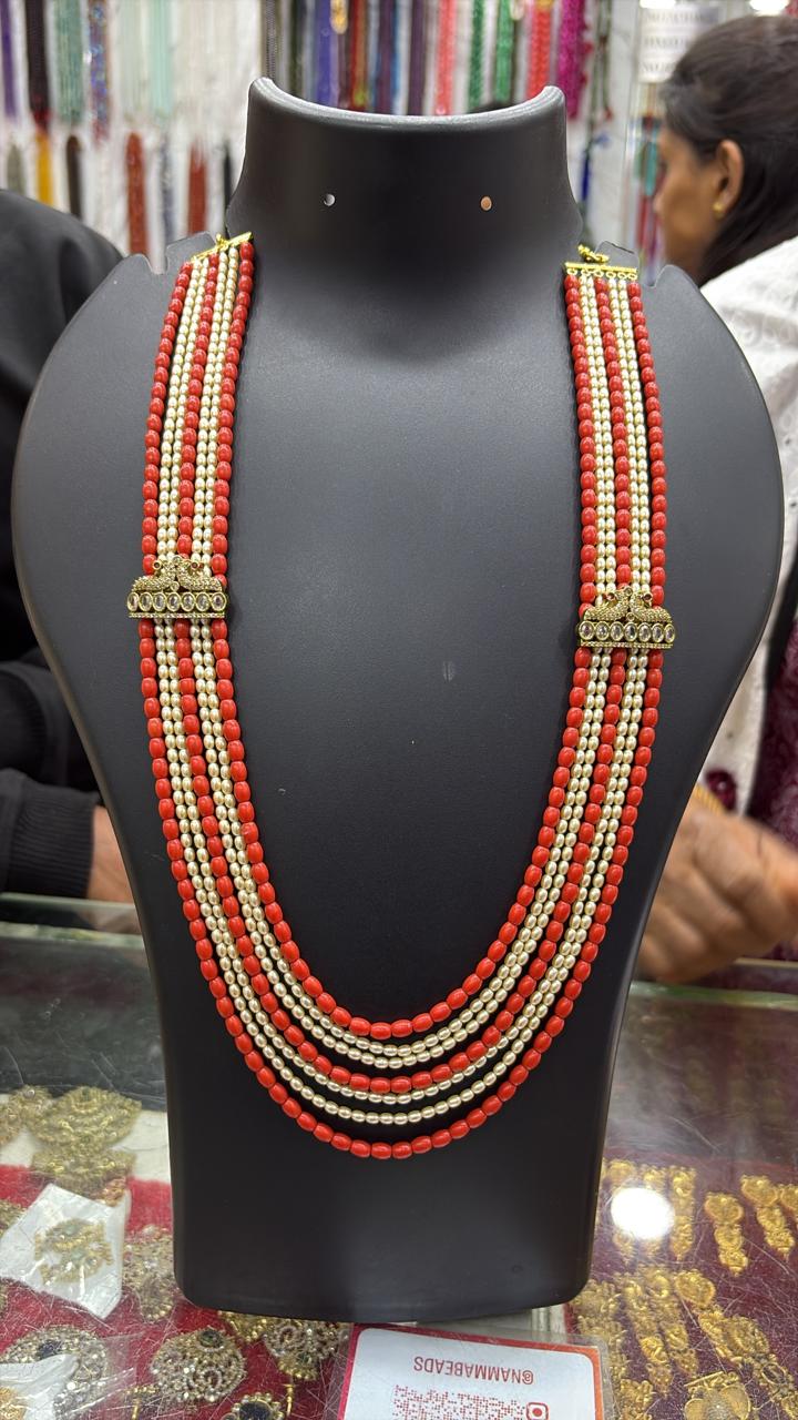 Tibetian Coral with Swaroski Pearls and Brooch multilayered necklace