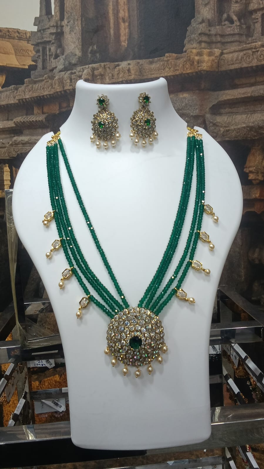 Green Crystal 20 inches necklace multilayer with kundan drops and Hyderabadi pearls