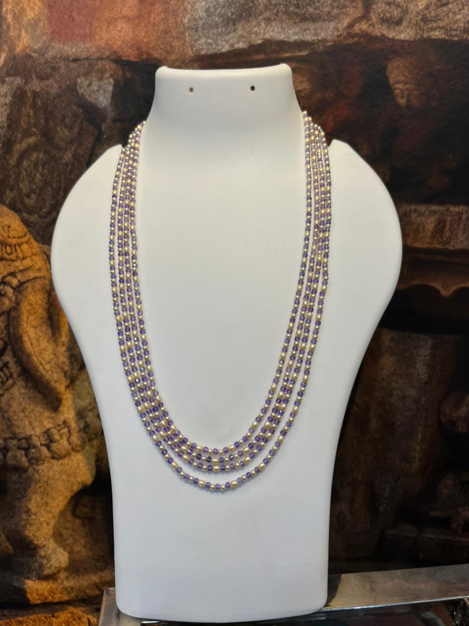 Purple American Onex stones with Drum Size and Round Hyderabadi Pearl 3 mm Layered Necklace