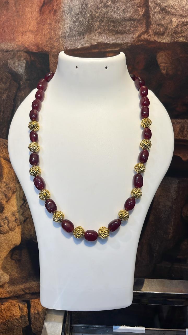 Maroon Dubel Natural stones with Handmade gundu balls Necklace 21 inches