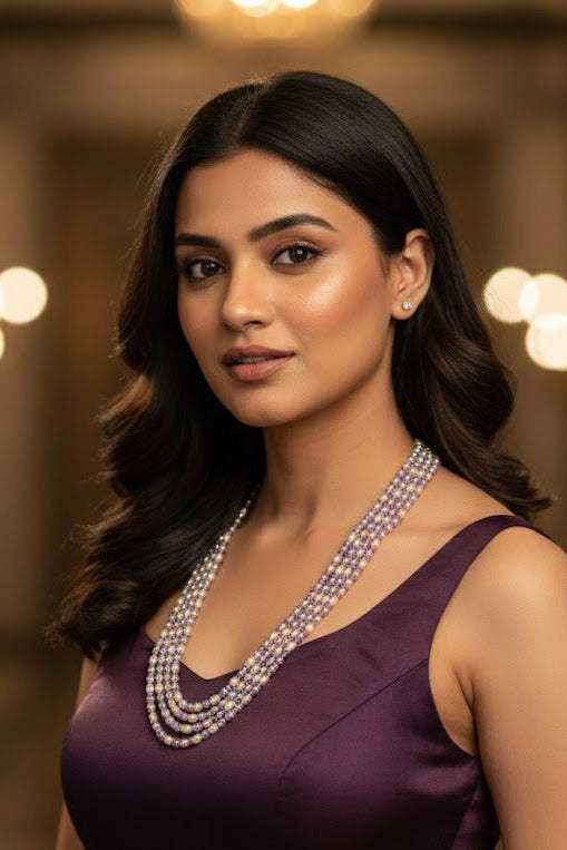 Purple American Onex stones with Drum Size and Round Hyderabadi Pearl 3 mm Layered Necklace