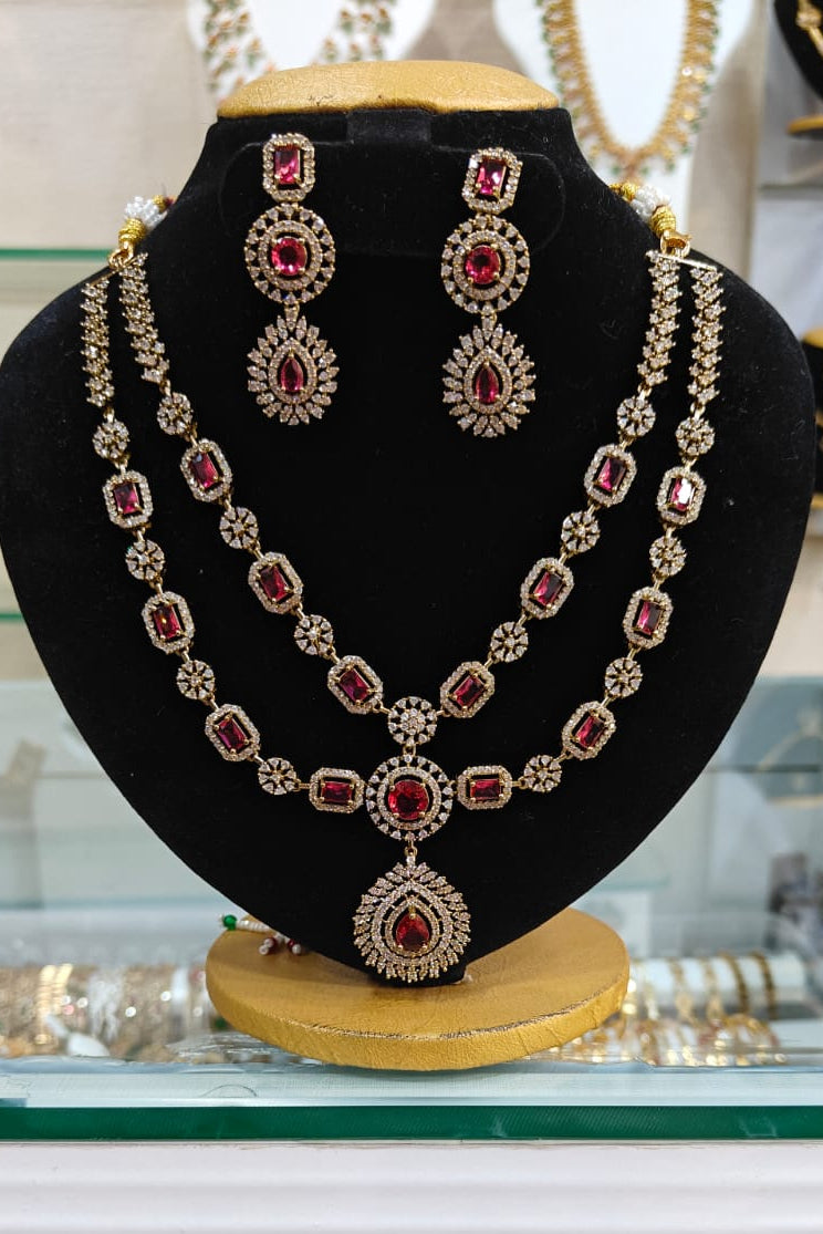 Gold Plated Layered Long CZ Necklace Set