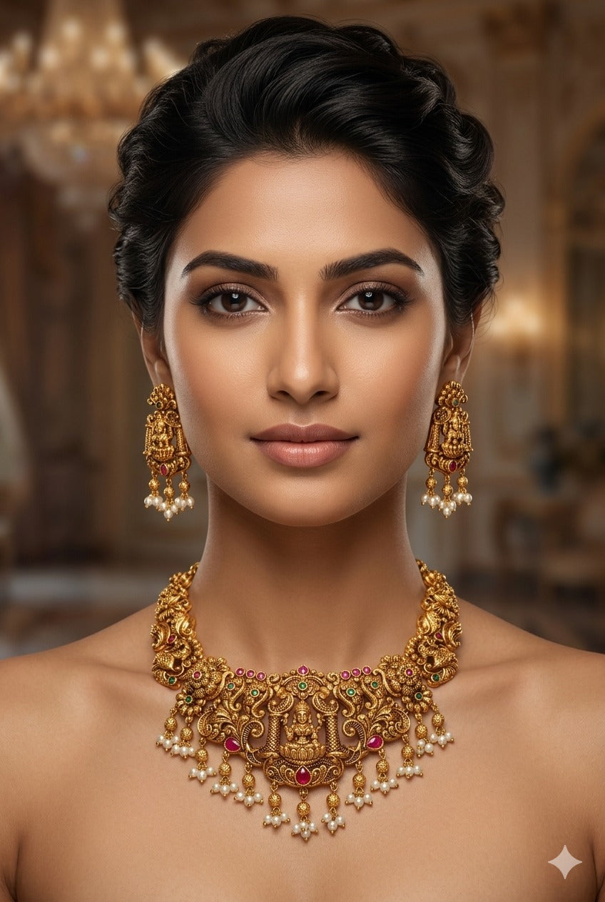 Gold Plated Premium lakshmi Necklace Set