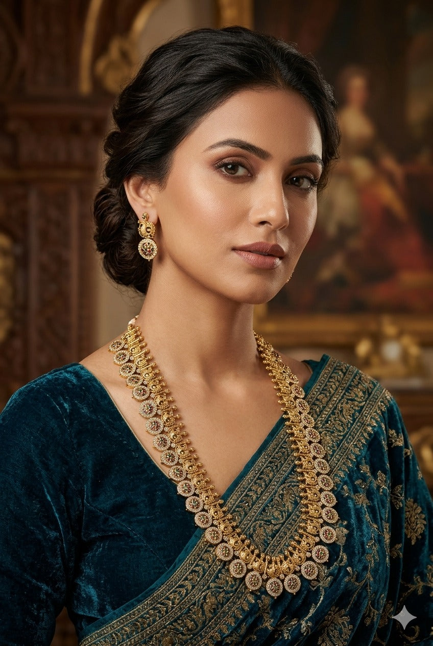 Gold Plated Premium CZ Long Haram Necklace Set