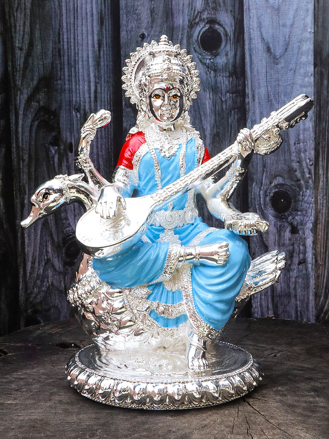 White Gold Plated Maa Saraswati Grand Statue  idol with Height 21cm