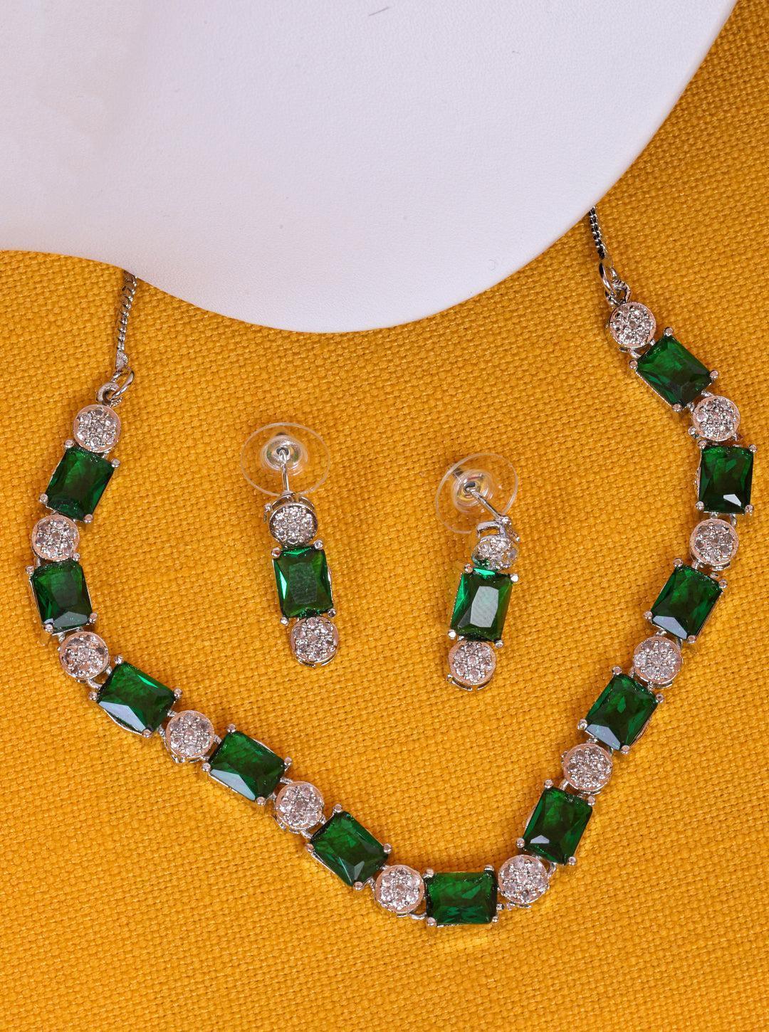 White Gold finish with white and green stones Short AD necklace set 9063N - Griiham