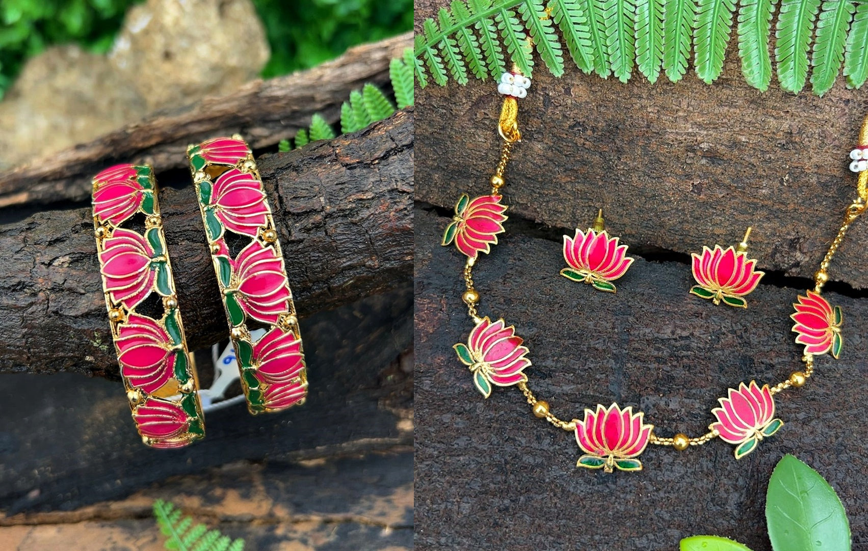 Gold plated Meenakari Lotus Set of 2 bangles