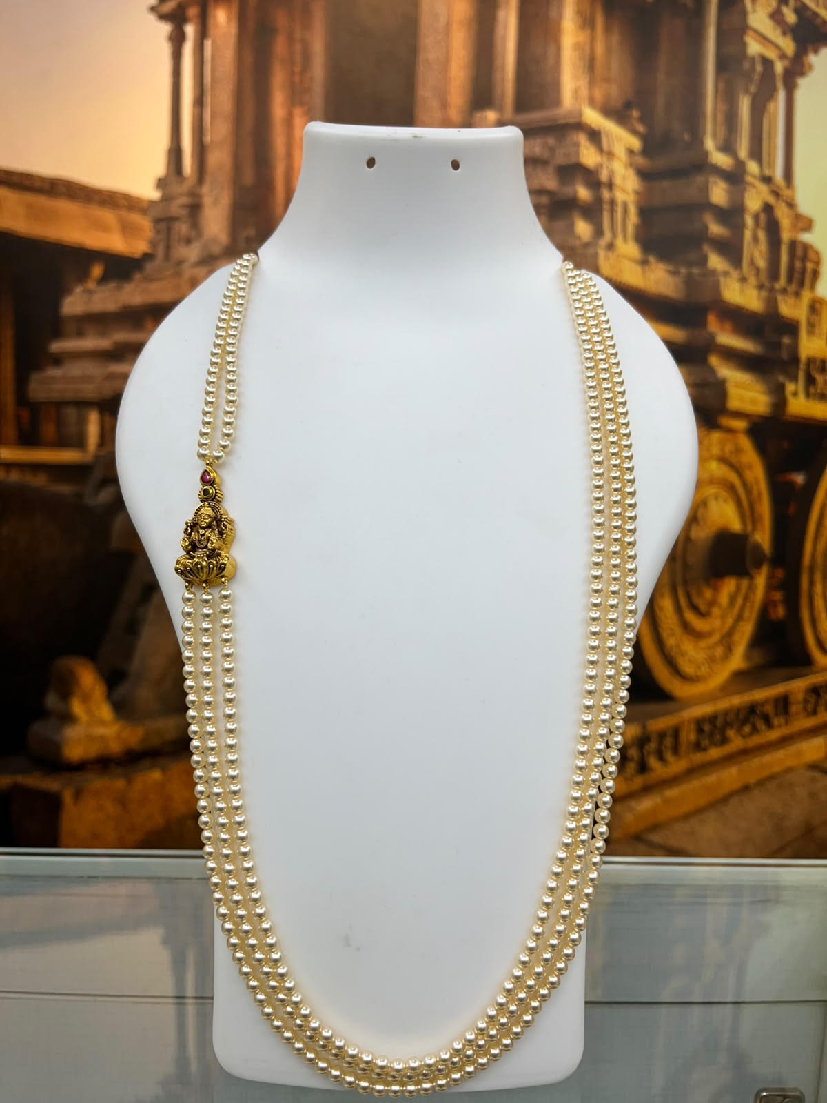 Premium 3 Line 4mm Pearl Maala with Single Laxmi Mopu