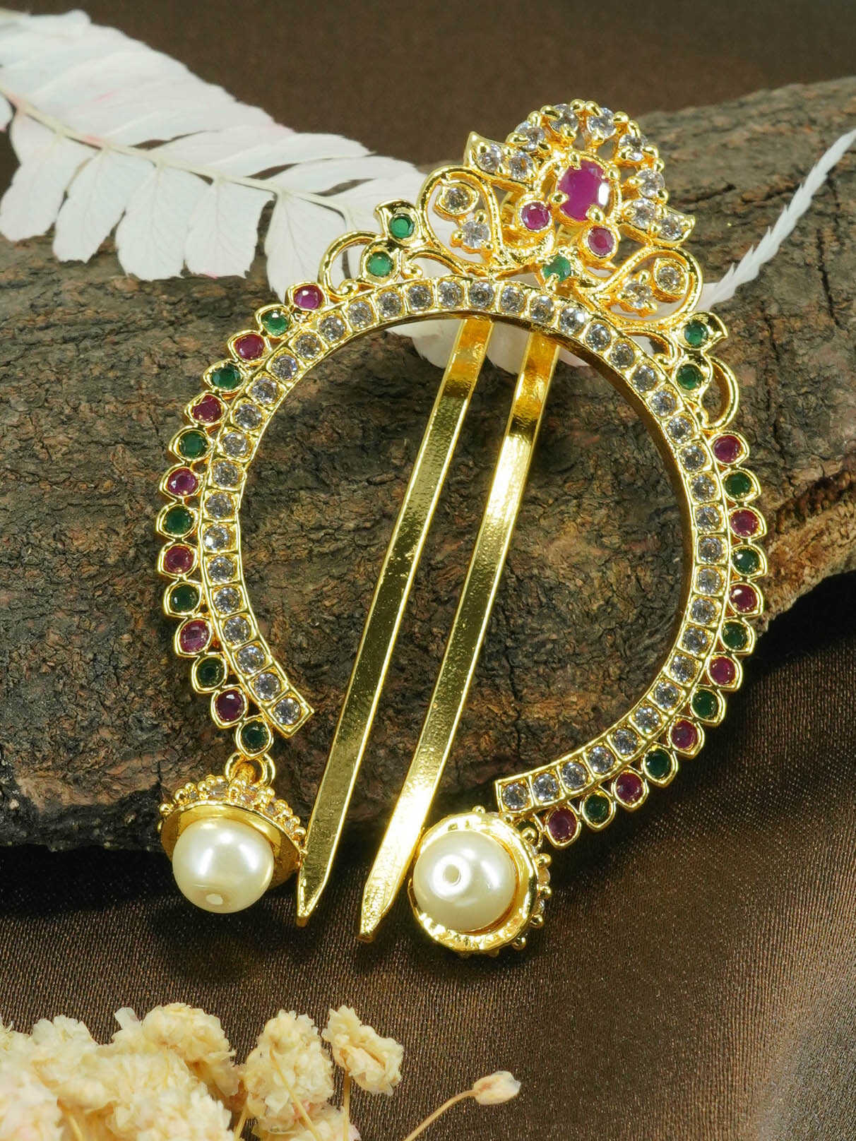 22k 1gm Gold Plated Emerald Stone Colour Studded Amboda / Hair Bow Pin 10677N