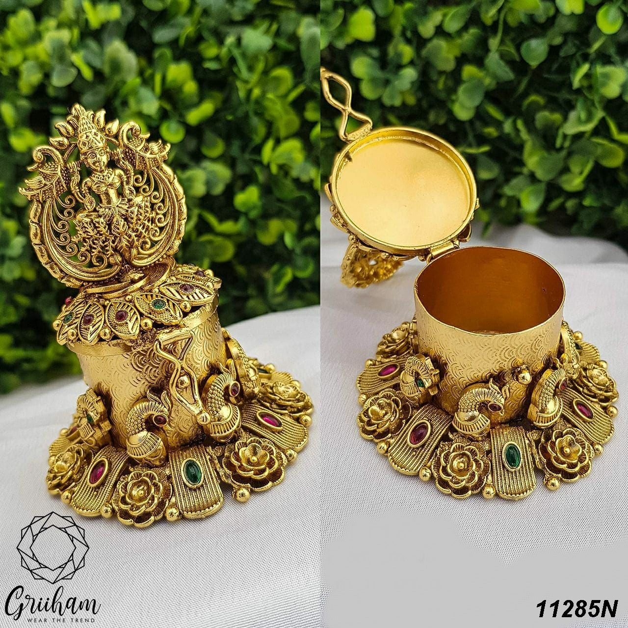 22k Gold Plated fully engraved Lakshmi Kumkum box 11285N