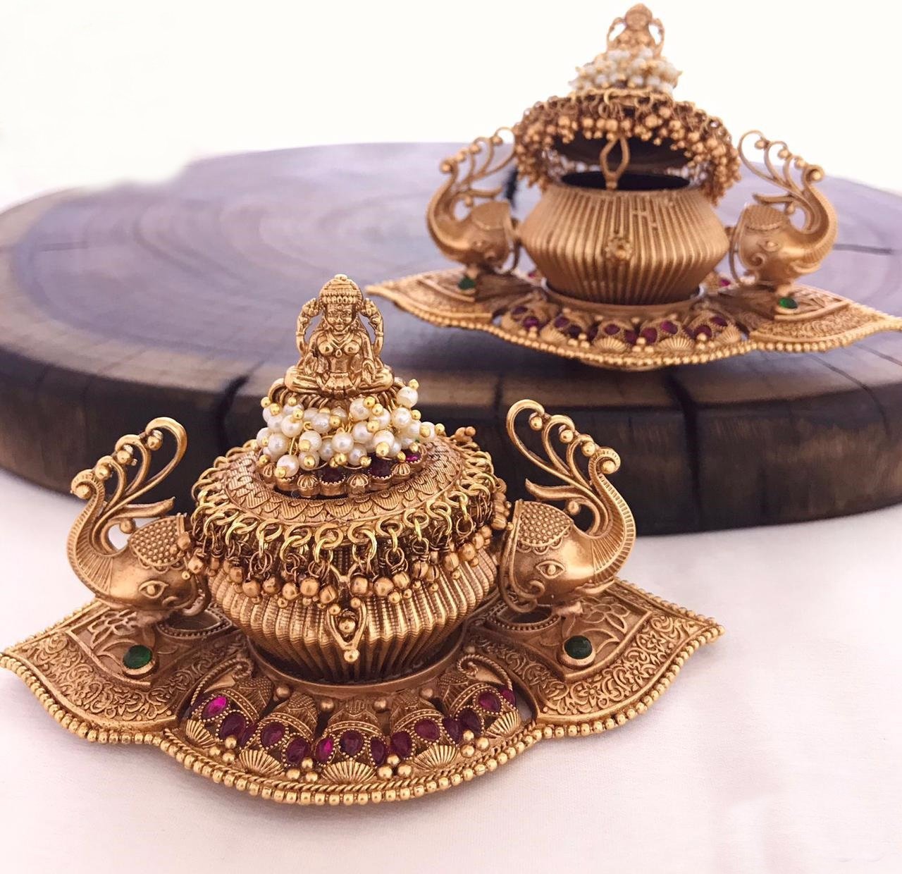 22k Gold Plated fully engraved Lakshmi Kumkum box 7403N