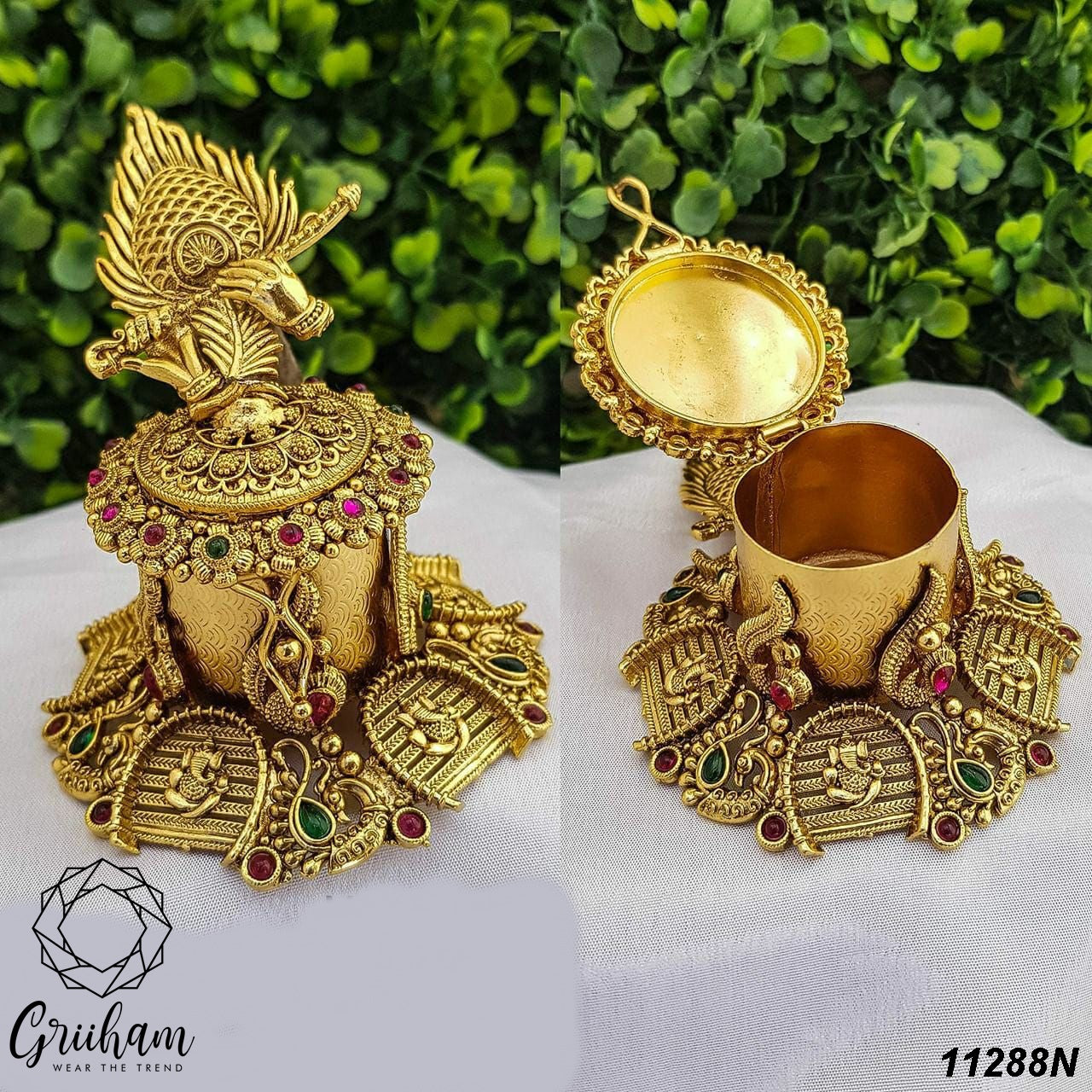 22k Gold Plated fully engraved Morpankh with krishna fluteKumkum box 11288N