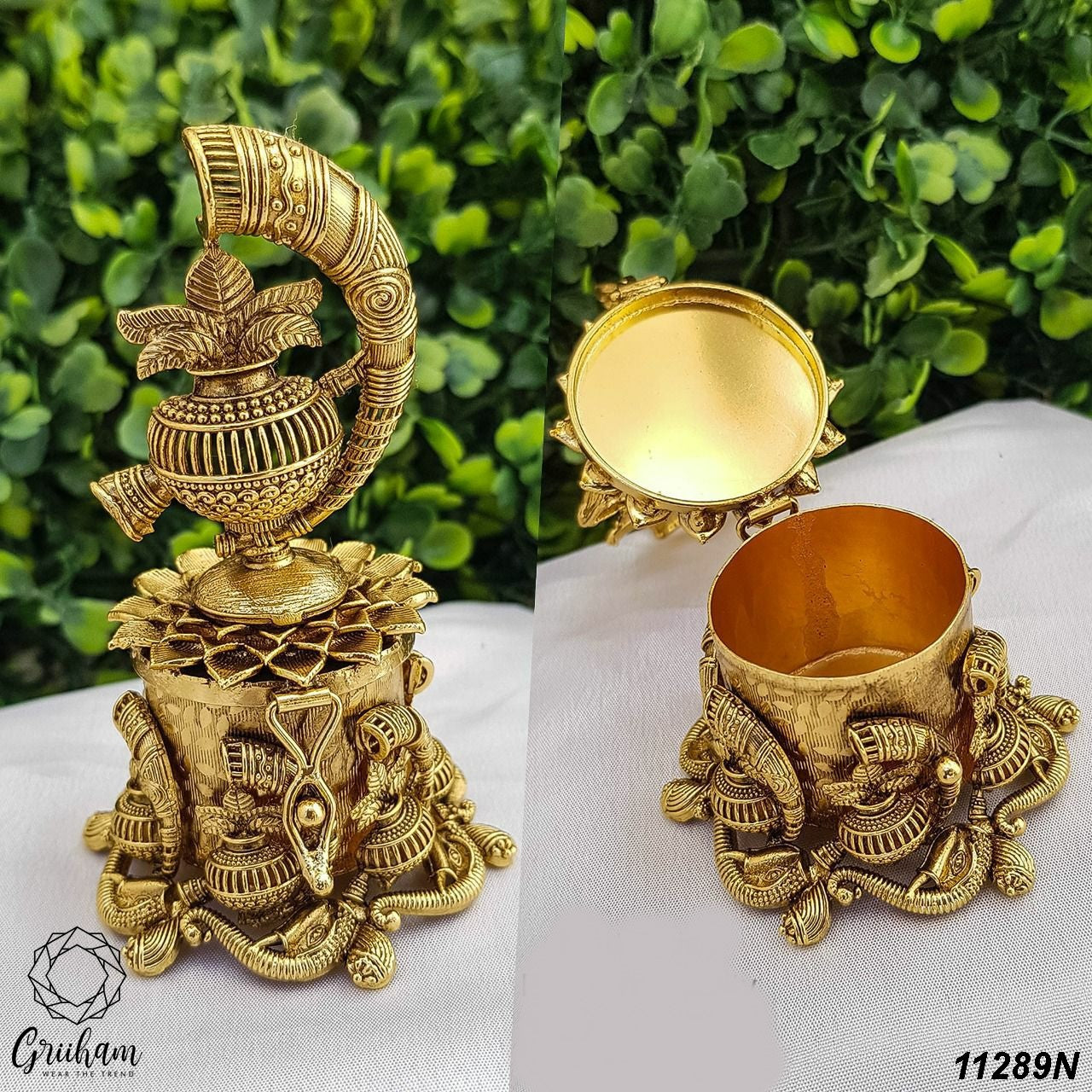 22k Gold Plated fully engraved Peacock Kumkum box 11289N