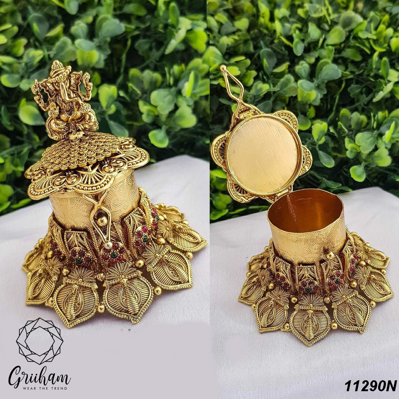 22k Gold Plated fully engraved Peacock Kumkum box 11290N