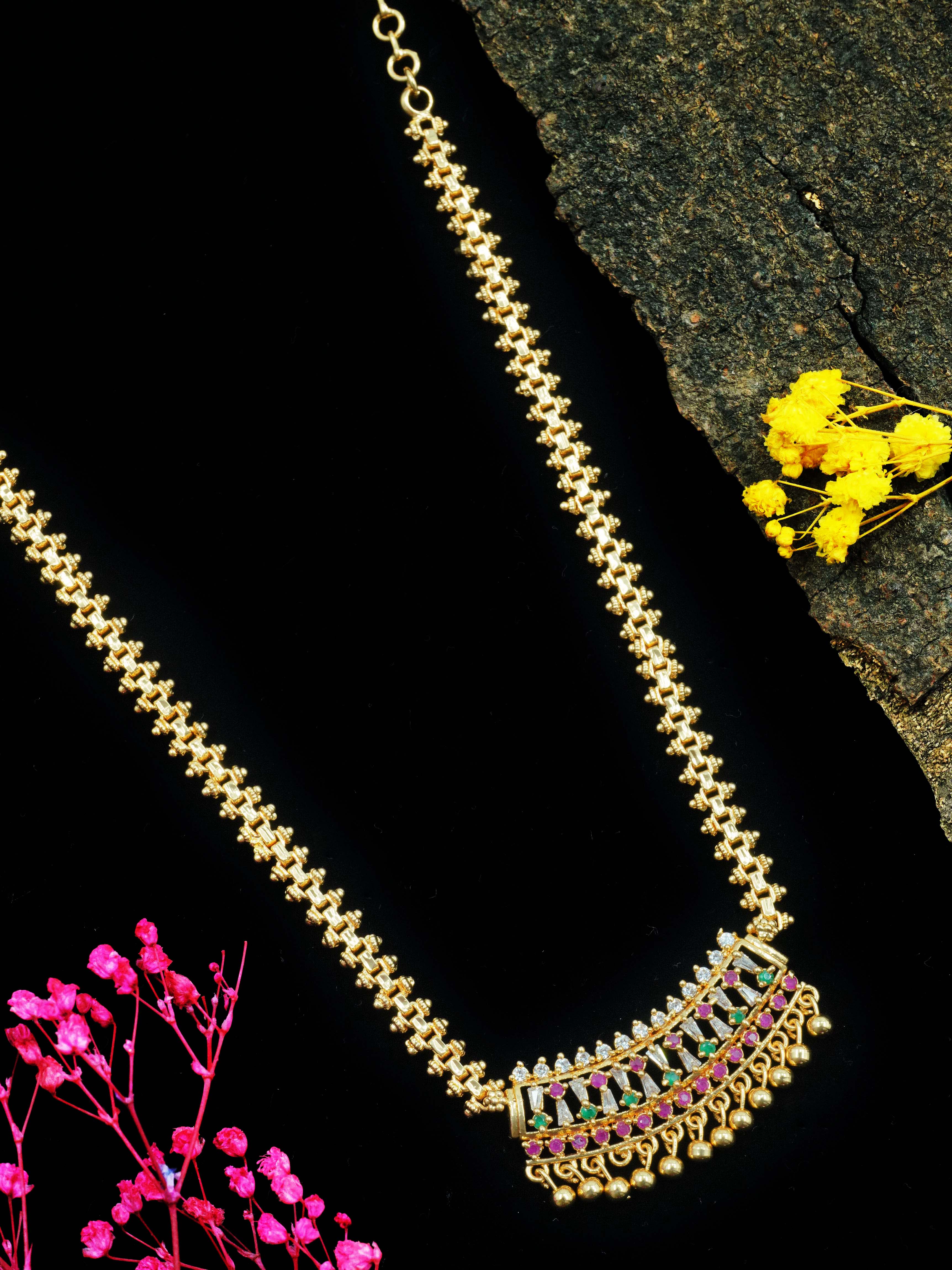 23.5kt Gold finish chain with pendant with Real CZ/Ruby (Length 18 inches extended upto 20 inches) 4885N