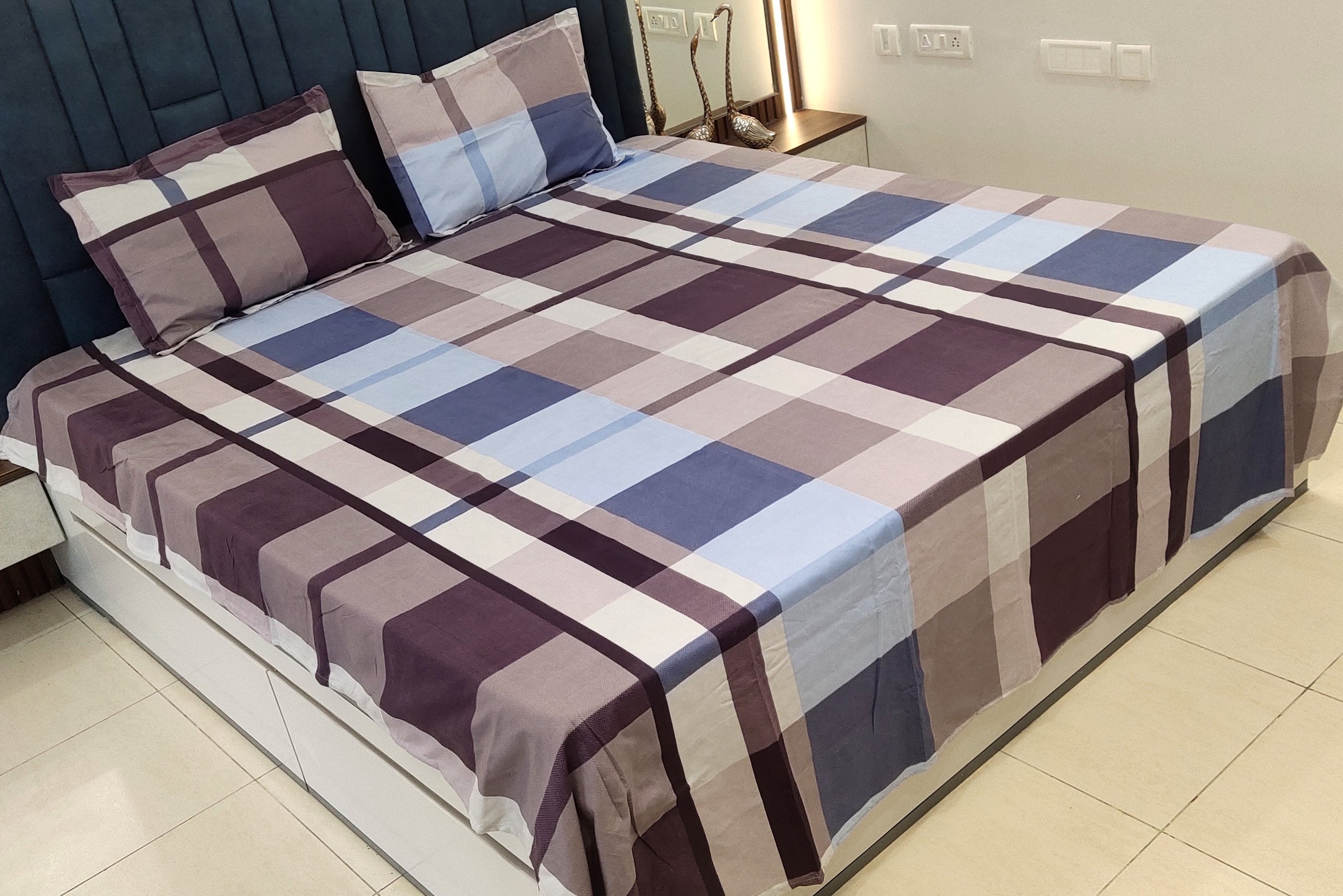 Griiham Cotton 160TC Queen Size Double Bedsheet with 2 Pillow Covers - Dark Grey Blue with Geometric Print GreyBlueSquare03