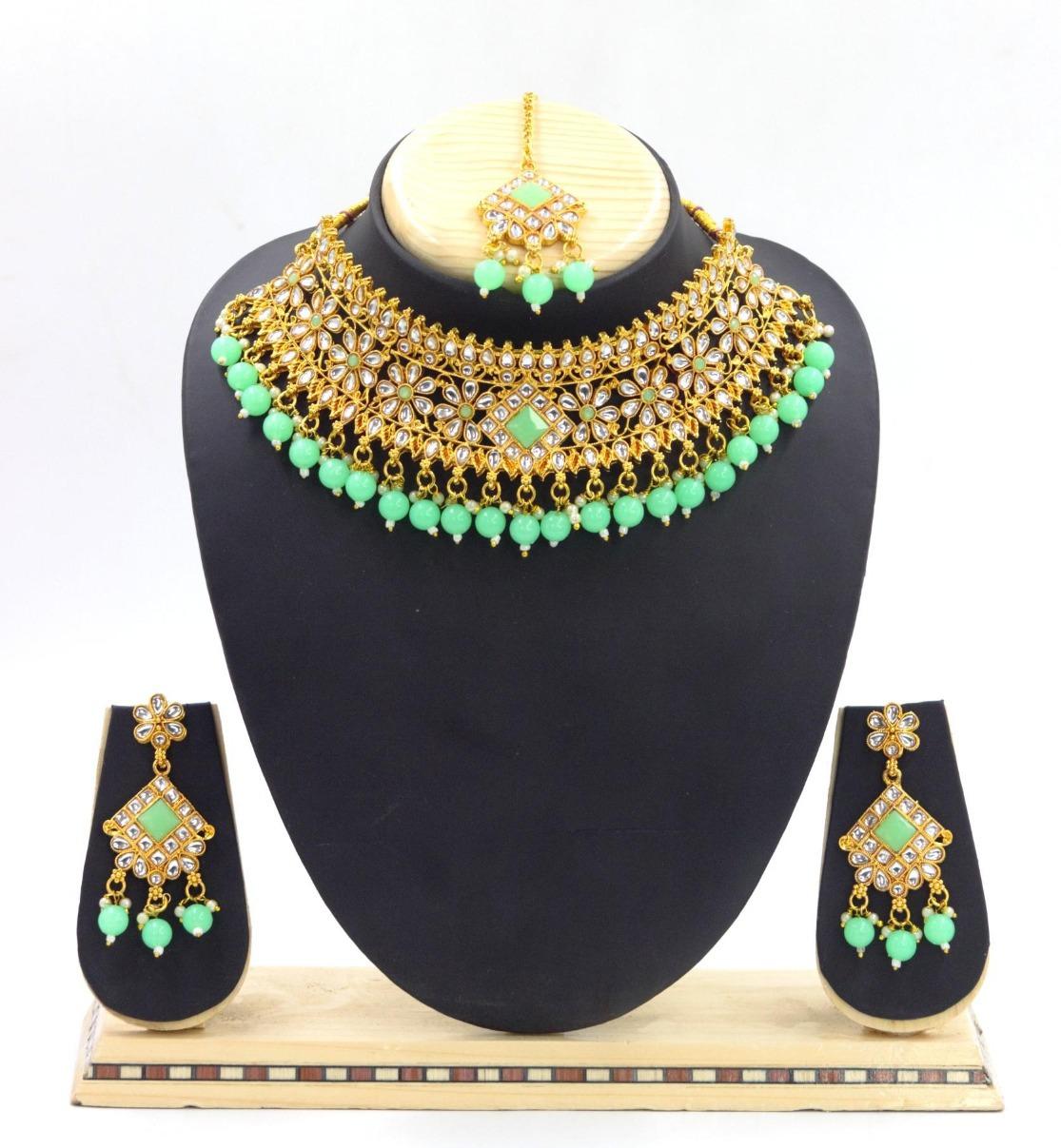 Antique Finish Best seller Choker necklace Set 8516N-Necklace Set-Griiham-Mint Green-Griiham