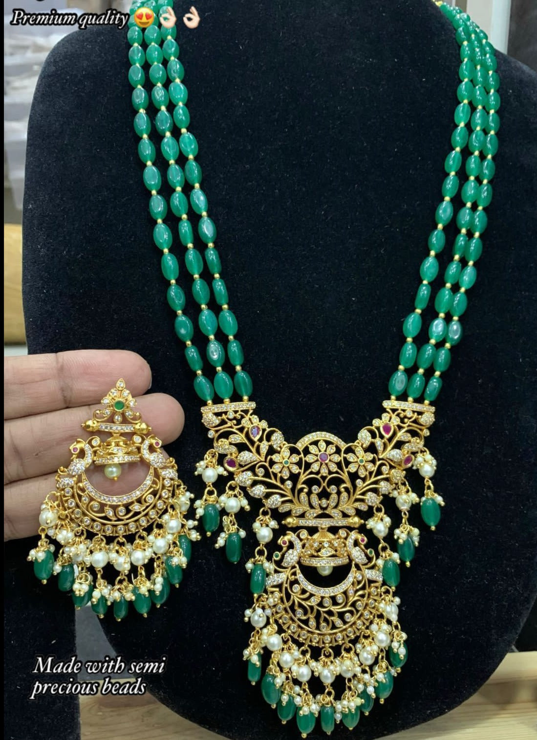 Antique Gold Finish Green mani beads chain High quality Cz Necklace set 10998N