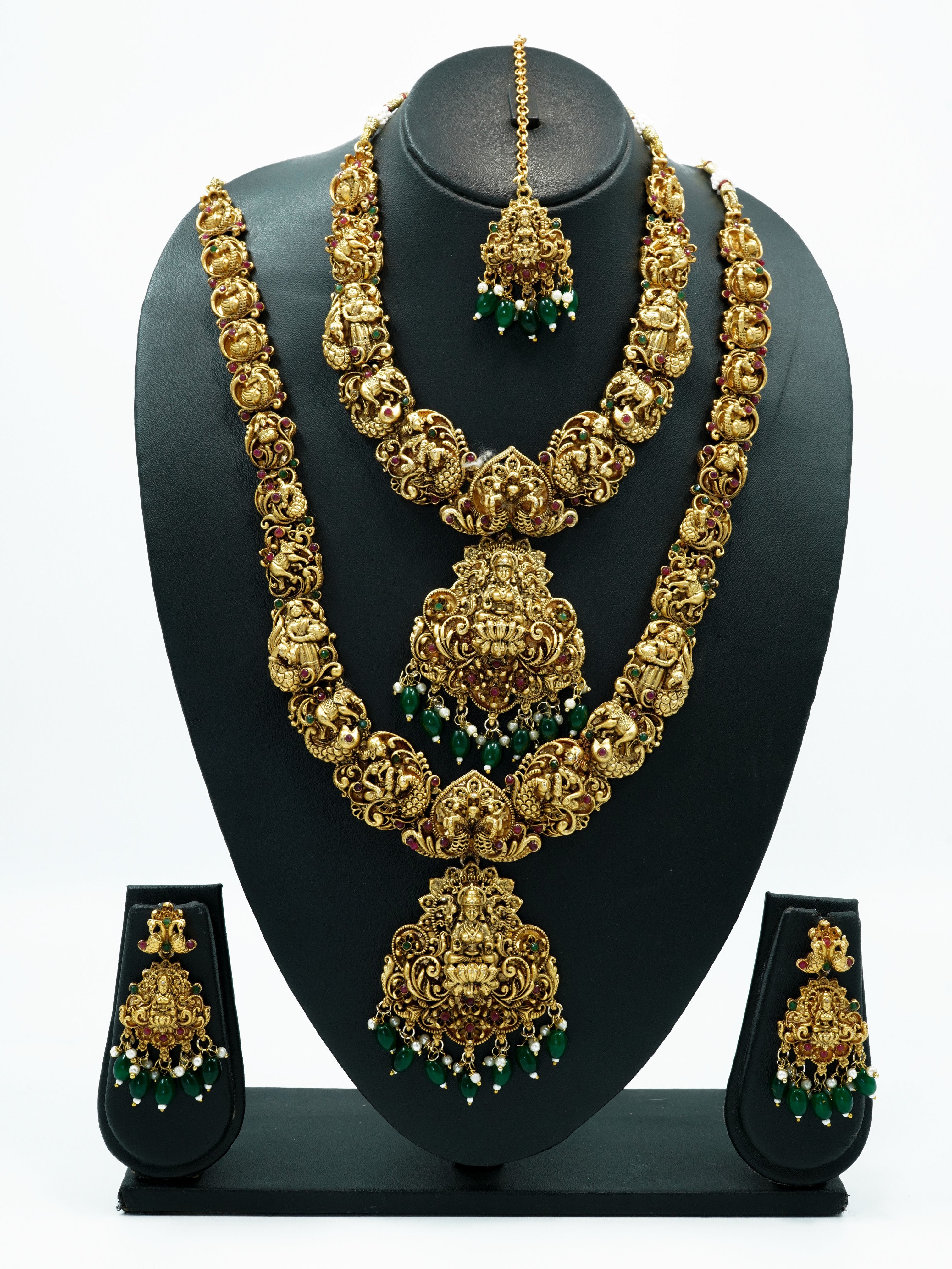 Antique Gold Finish Necklace Combo Set with green beads Multicolor stones 11030N