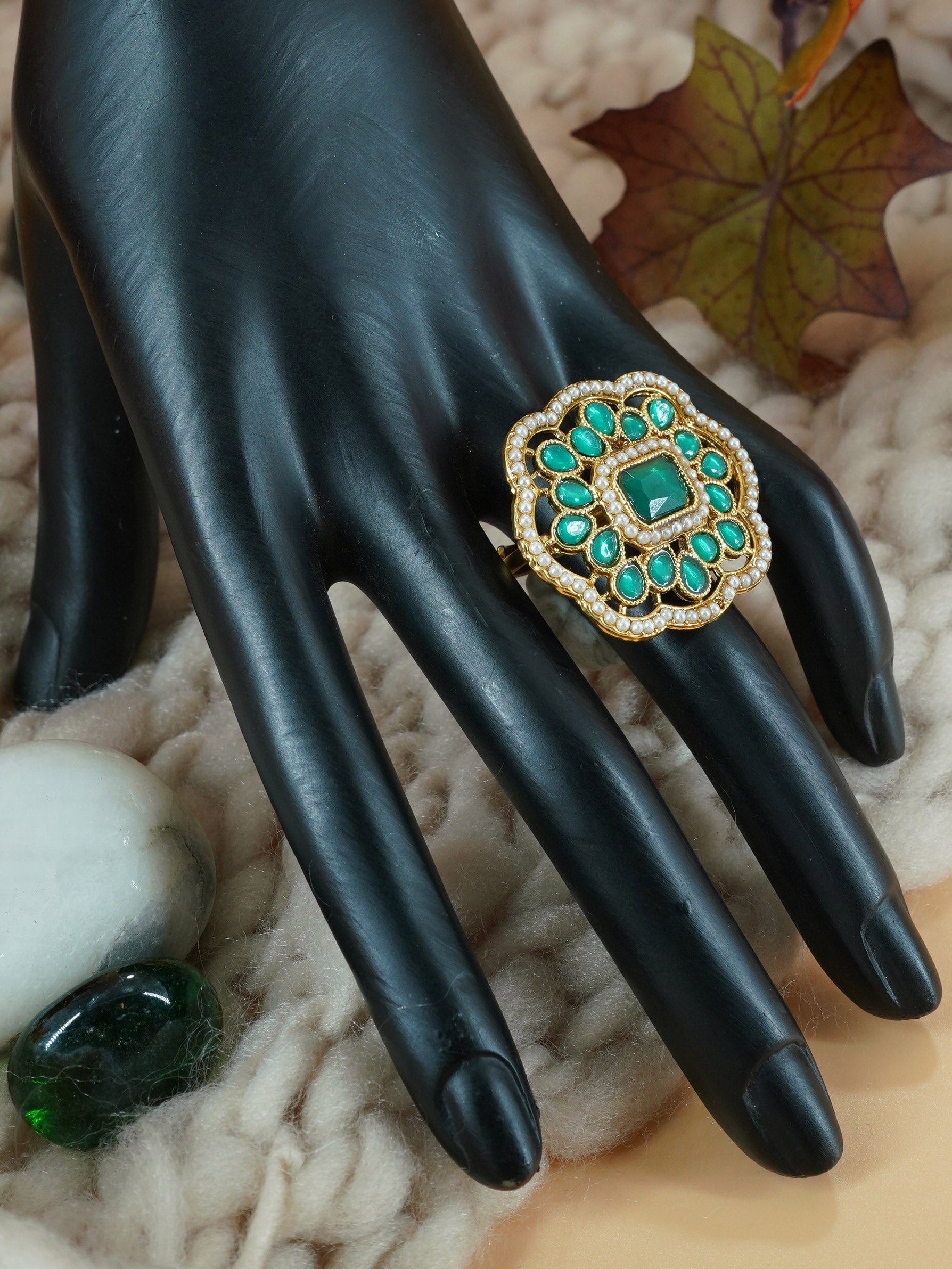 Antique Gold Plated Adjustable Size Designer Finger ring with Stones 10907N