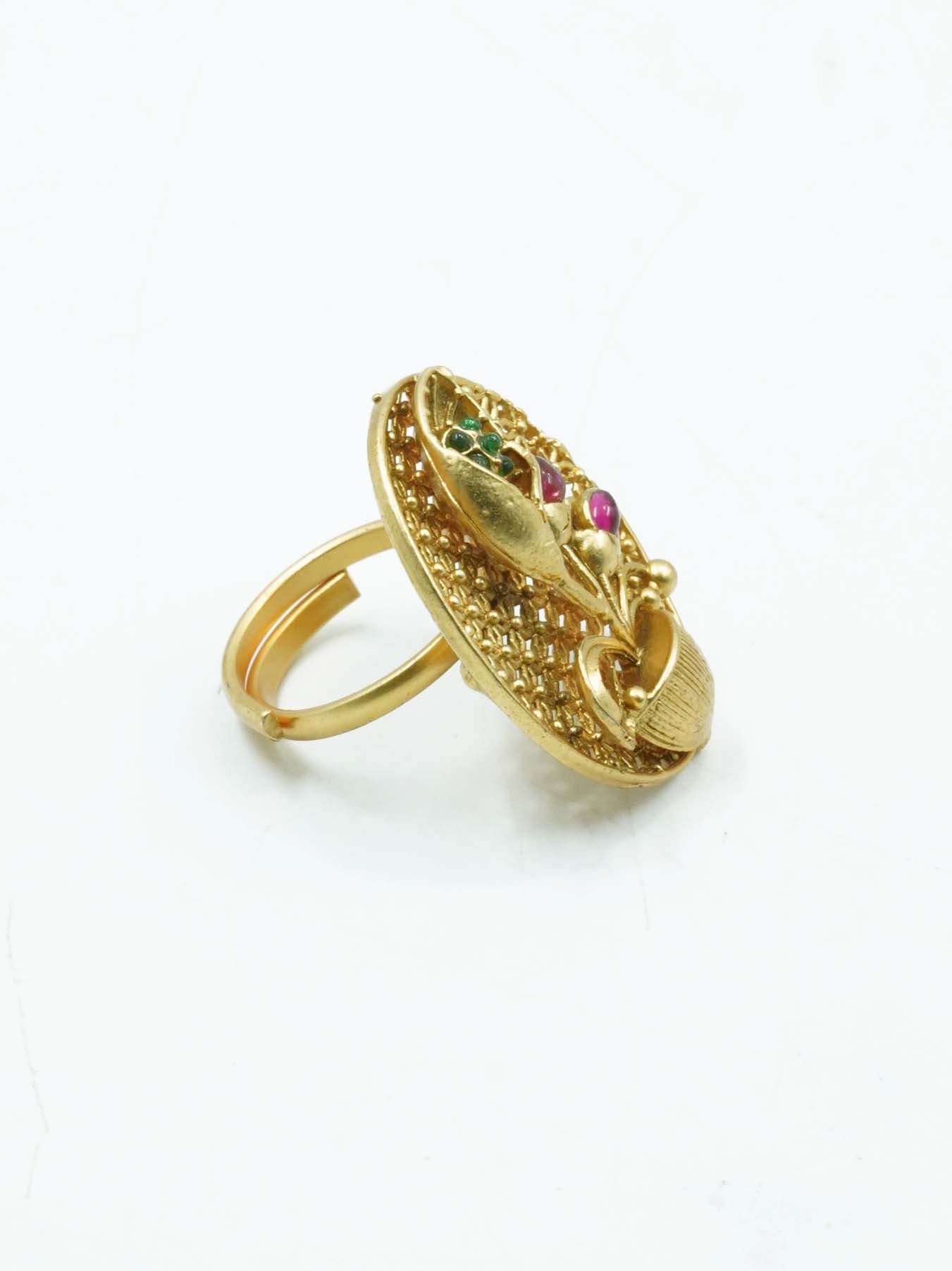 Antique Gold Plated Adjustable Size Designer Finger ring with Stones 11056N