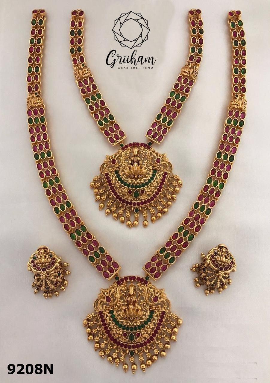 Antique Gold finish Necklace Combo set Bridal set with Multi Color stones 9208N-Necklace Set-Kanakam-Griiham