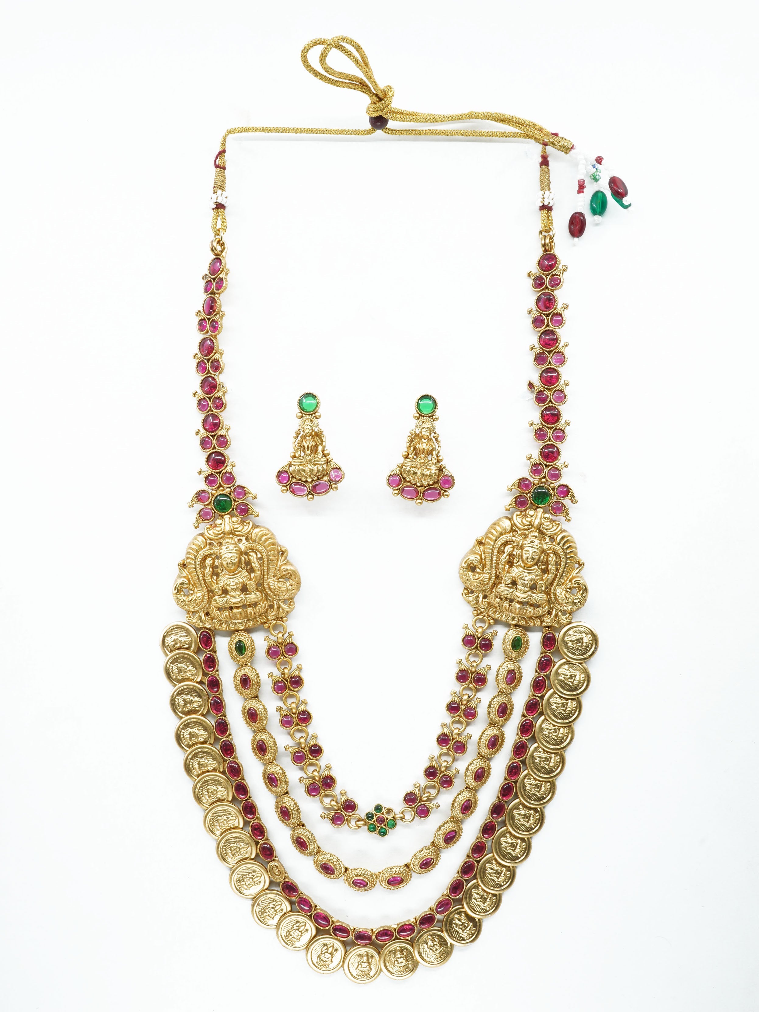 Antique Premium Gold Finish Laxmi pattern Long Necklace Set 10604N