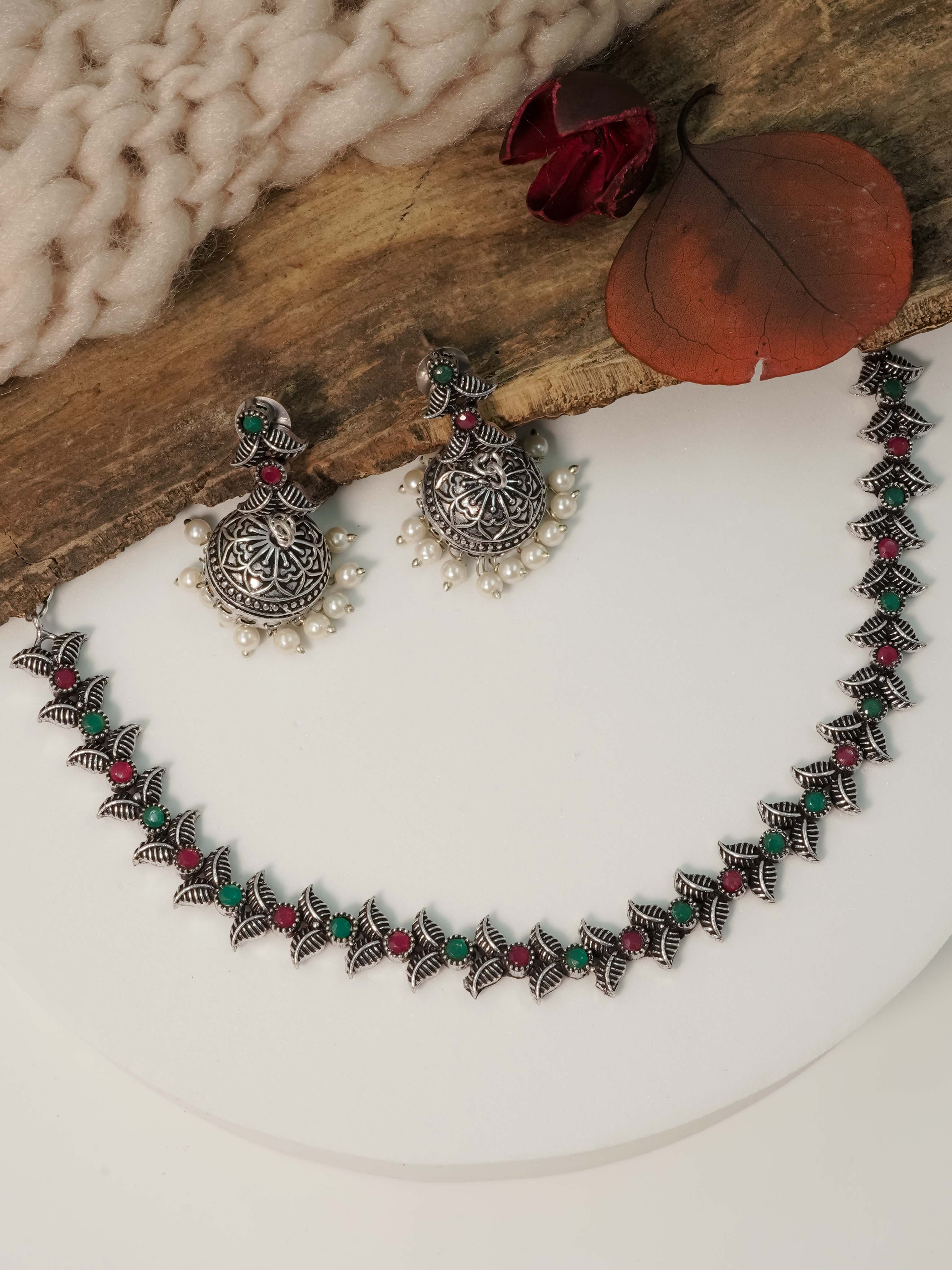 Classy Oxidised Necklace Set with Colour Options 11931N