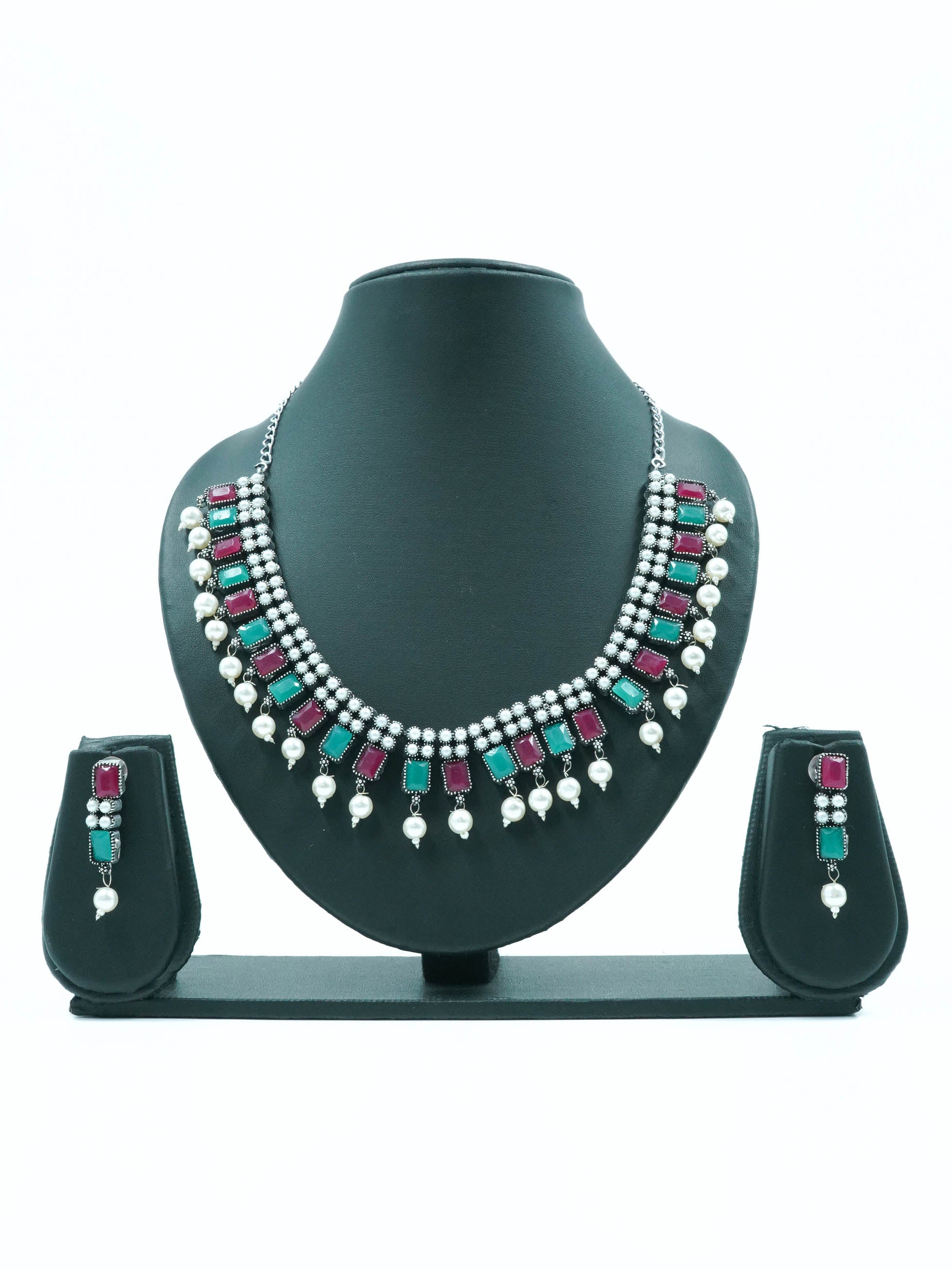 Classy Oxidised Necklace Set with pearls and with different colour stones Options 11937N