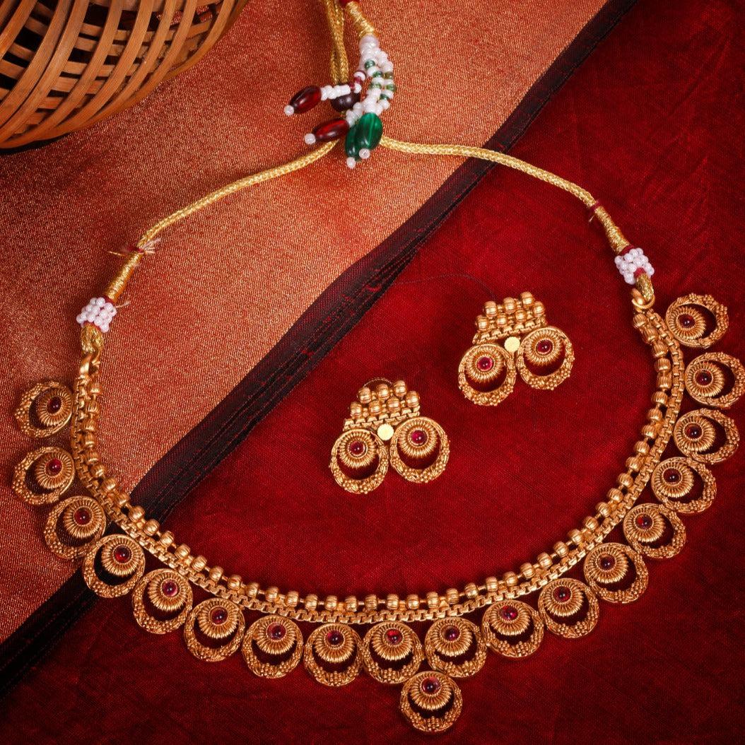 Delicate Gold finish Floral Short necklace set  with colored kempu stones 8993n