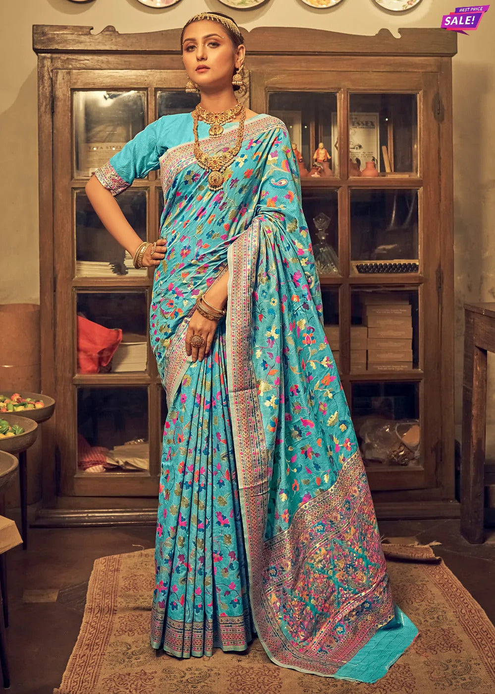 Embroidered, Woven, Floral Print Banarasi Silk Blend Saree (Blue)