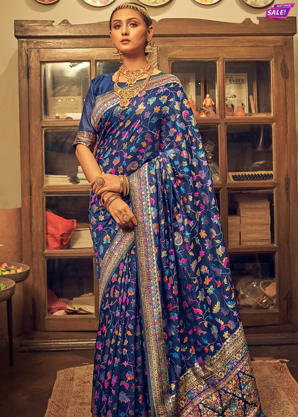 Embroidered, Woven, Floral Print Banarasi Silk Blend Saree (Dark Blue)