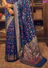 Embroidered, Woven, Floral Print Banarasi Silk Blend Saree (Dark Blue)