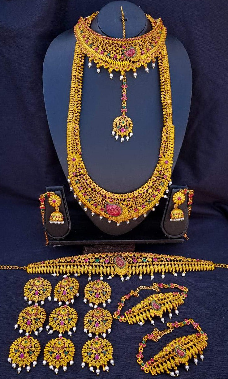 Exclusive Limited Designs Antique Gold Finish Full Bridal Set Combo with Stone studded NSN04-1125-4118N