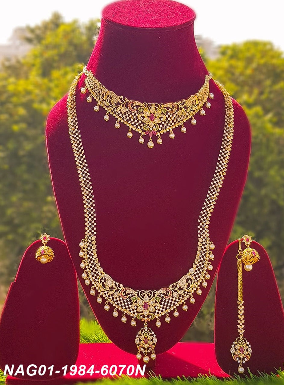 Exclusive Sayara AD Collection High Quality Multi Colour AD Bridal Wear Necklace Set Combo (Long+short) with Maang Tikka NAG01-1984-6070N