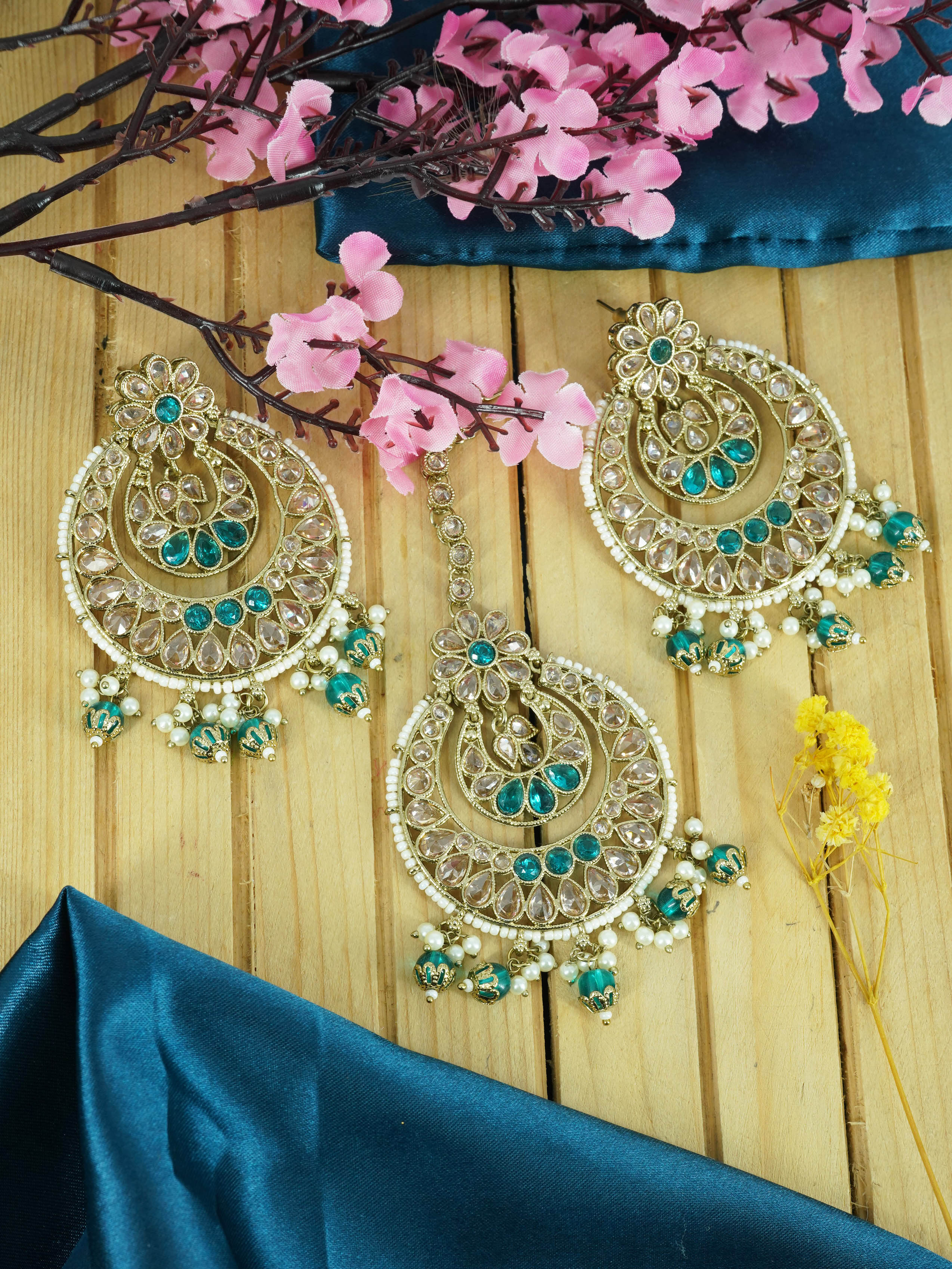Faint gold finish Earring/jhumka/Dangler stuuded with Mirror Stones with Mang Tikka and Multi Color Drops 11816N