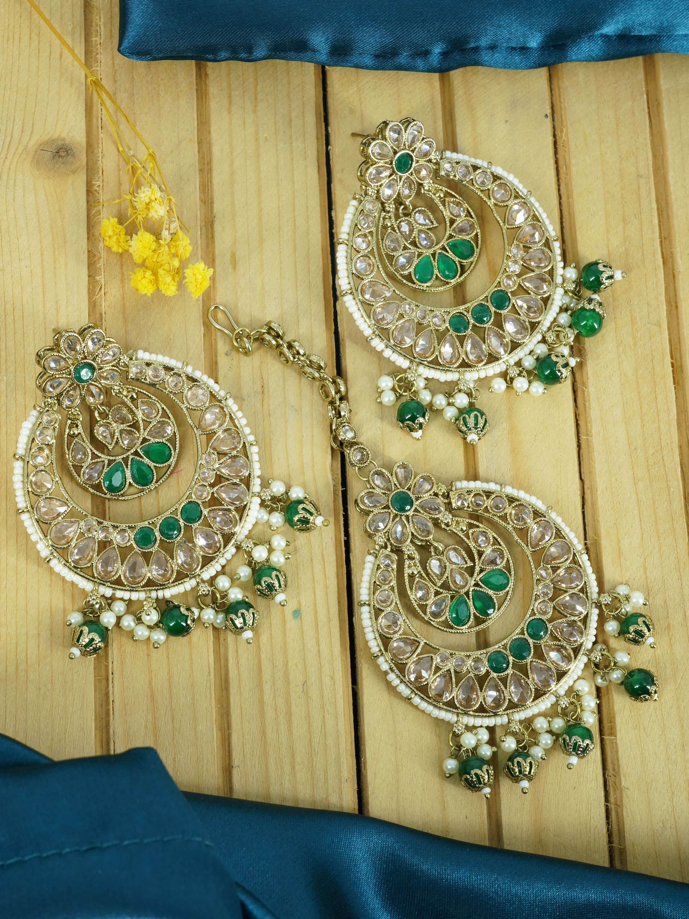 Faint gold finish Earring/jhumka/Dangler stuuded with Mirror Stones with Mang Tikka and Multi Color Drops 11819N