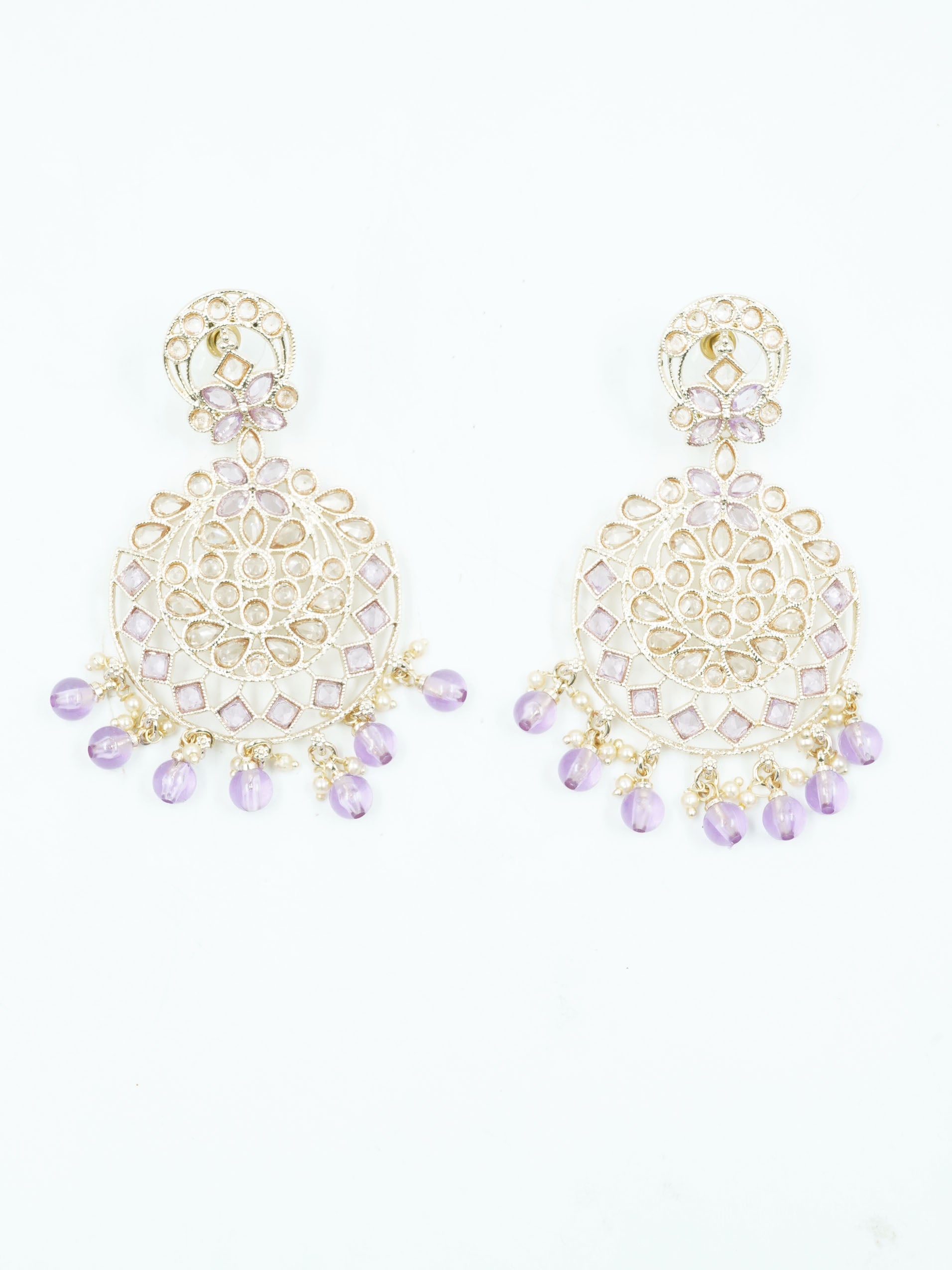 Faint gold finish Earring/jhumka/Dangler with Lavender Color Stones 11809N