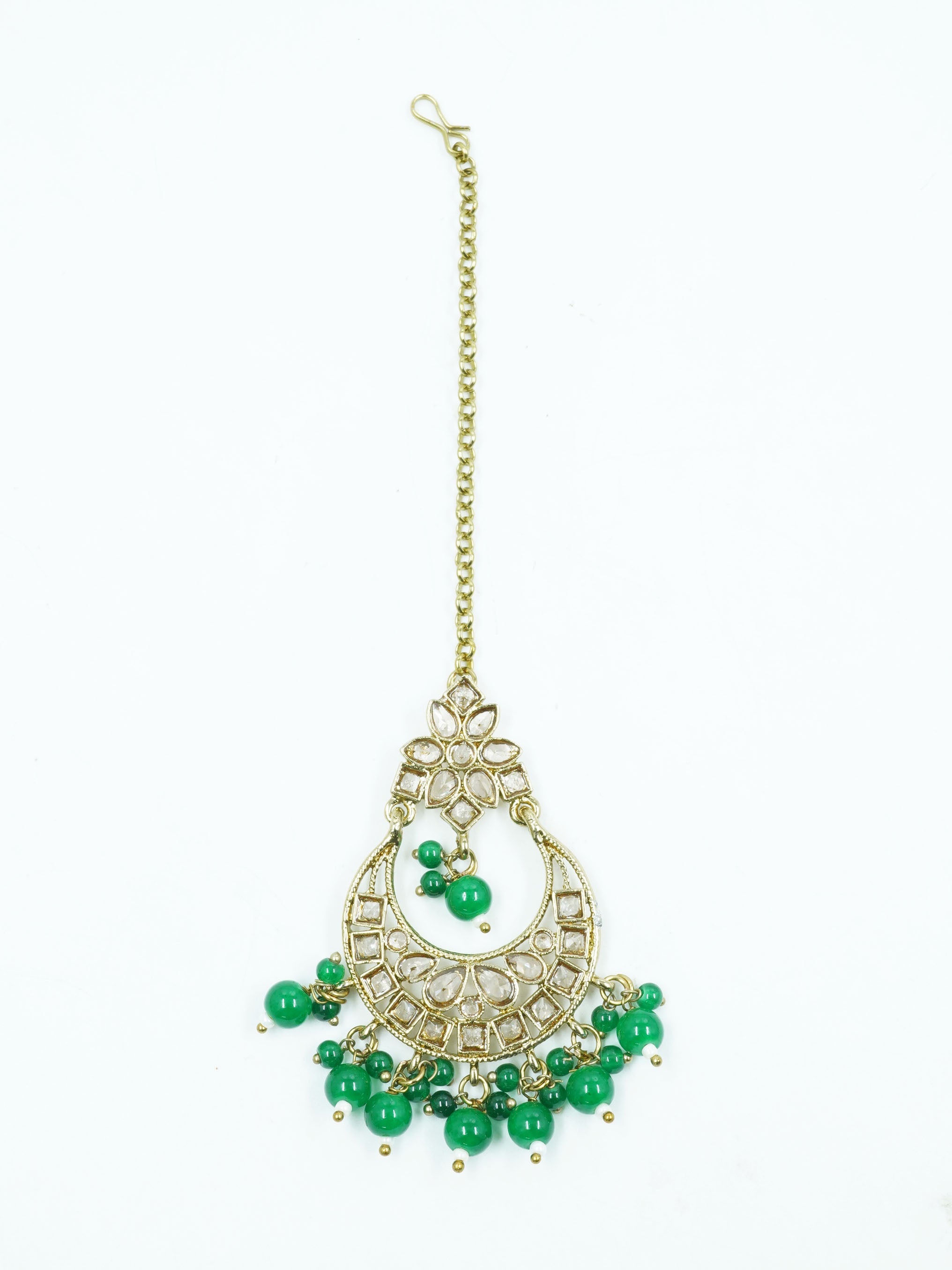 Faint gold finish Earring/jhumka/Dangler with Mang Tikka with Green Color Drops 11767N