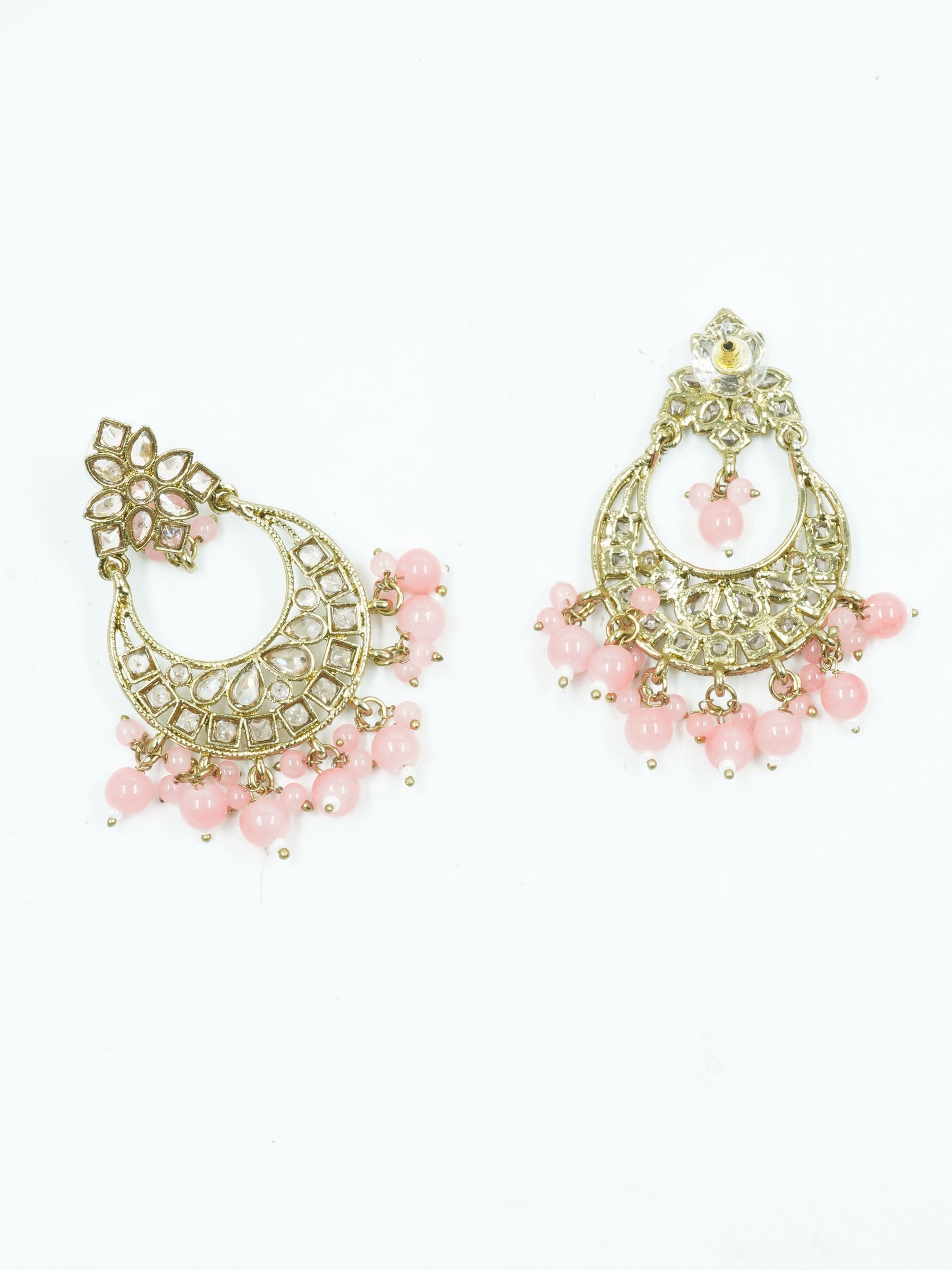 Faint gold finish Earring/jhumka/Dangler with Mang Tikka with Light Rose Color Drops 11768N
