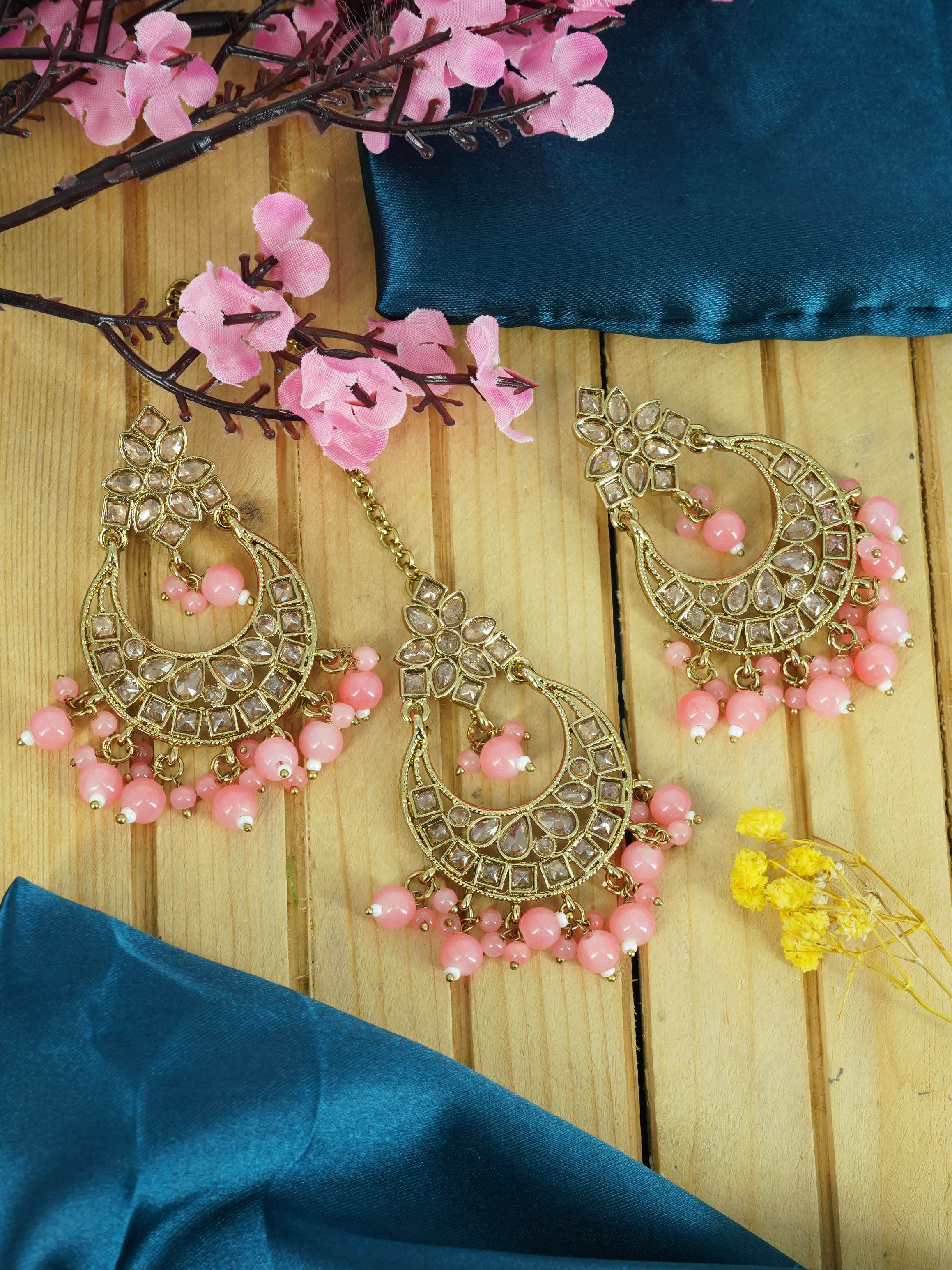 Faint gold finish Earring/jhumka/Dangler with Mang Tikka with Light Rose Color Drops 11768N