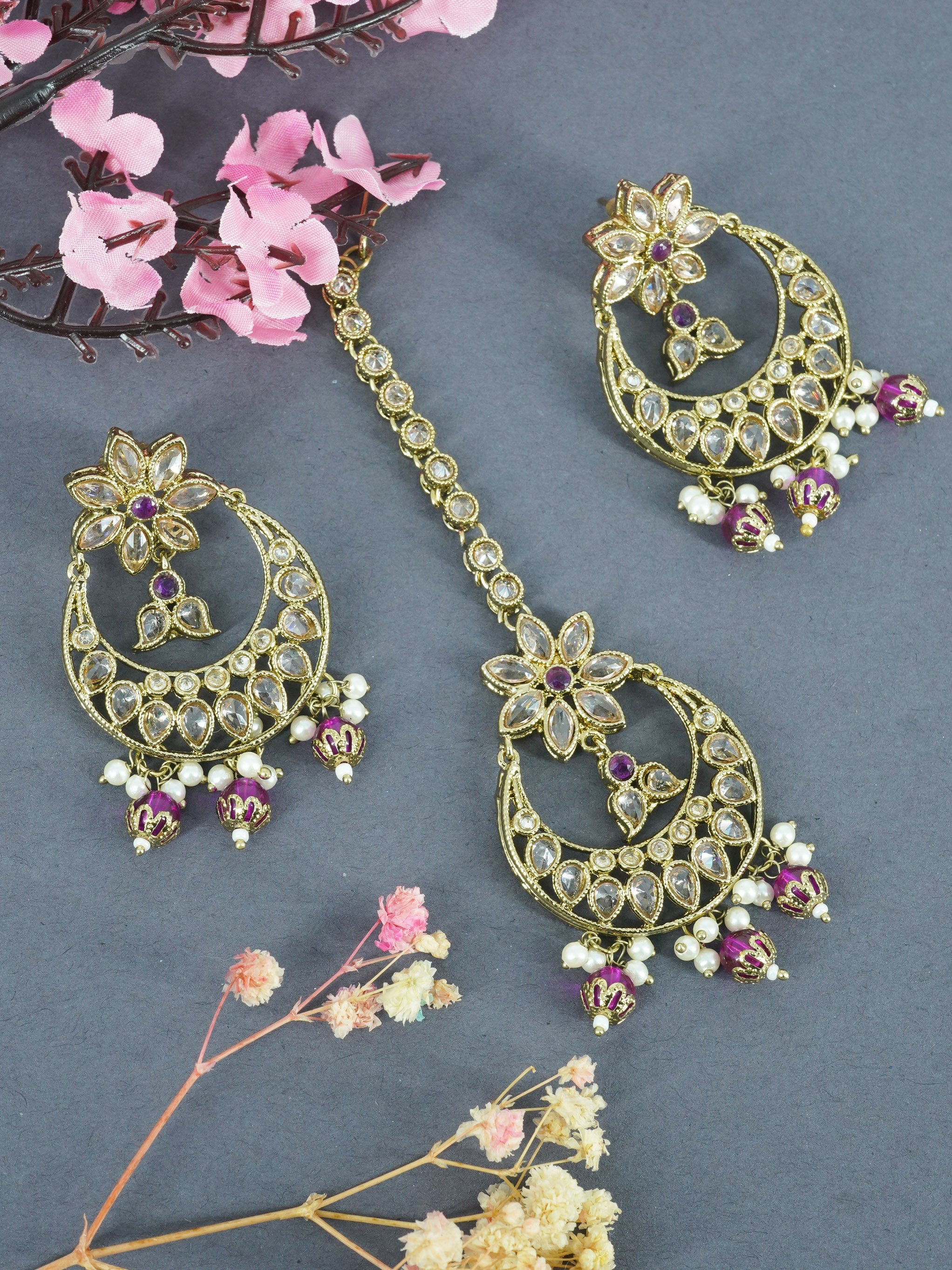 Faint gold finish Earring/jhumka/Dangler with Mang Tikka with Multi color Drops 11815N