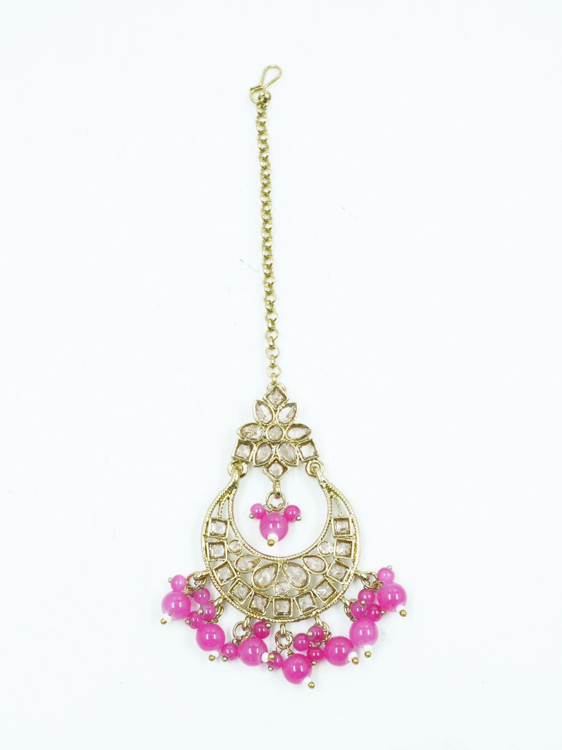 Faint gold finish Earring/jhumka/Dangler with Mang Tikka with Pink Color Drops 11765N
