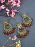 Faint gold finish Earring/jhumka/Dangler with Mang Tikka with Wine Color Stones 11763N